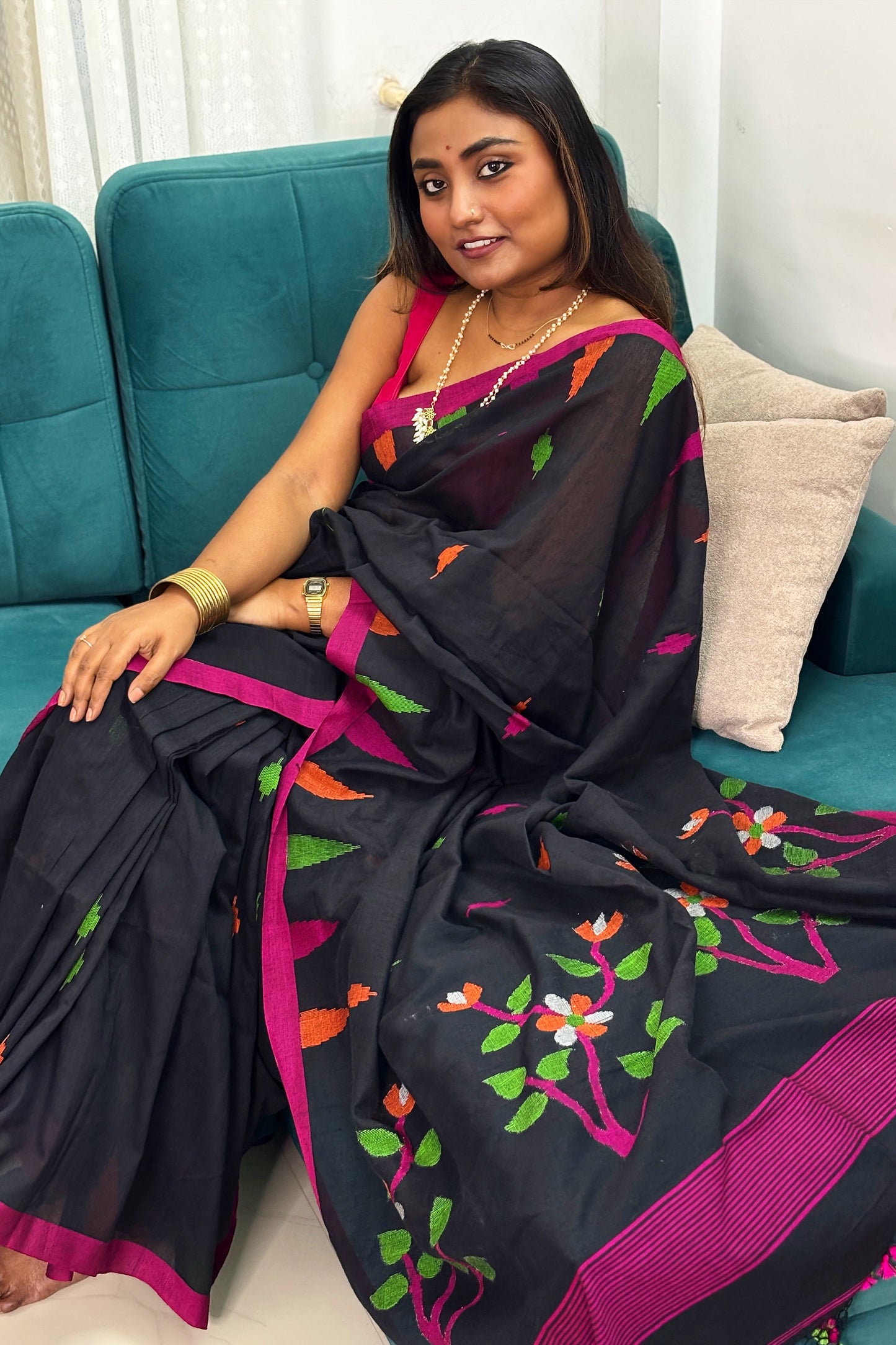 Black Cotton Purely Handloom Needle Woven Jamdani Saree with temple border