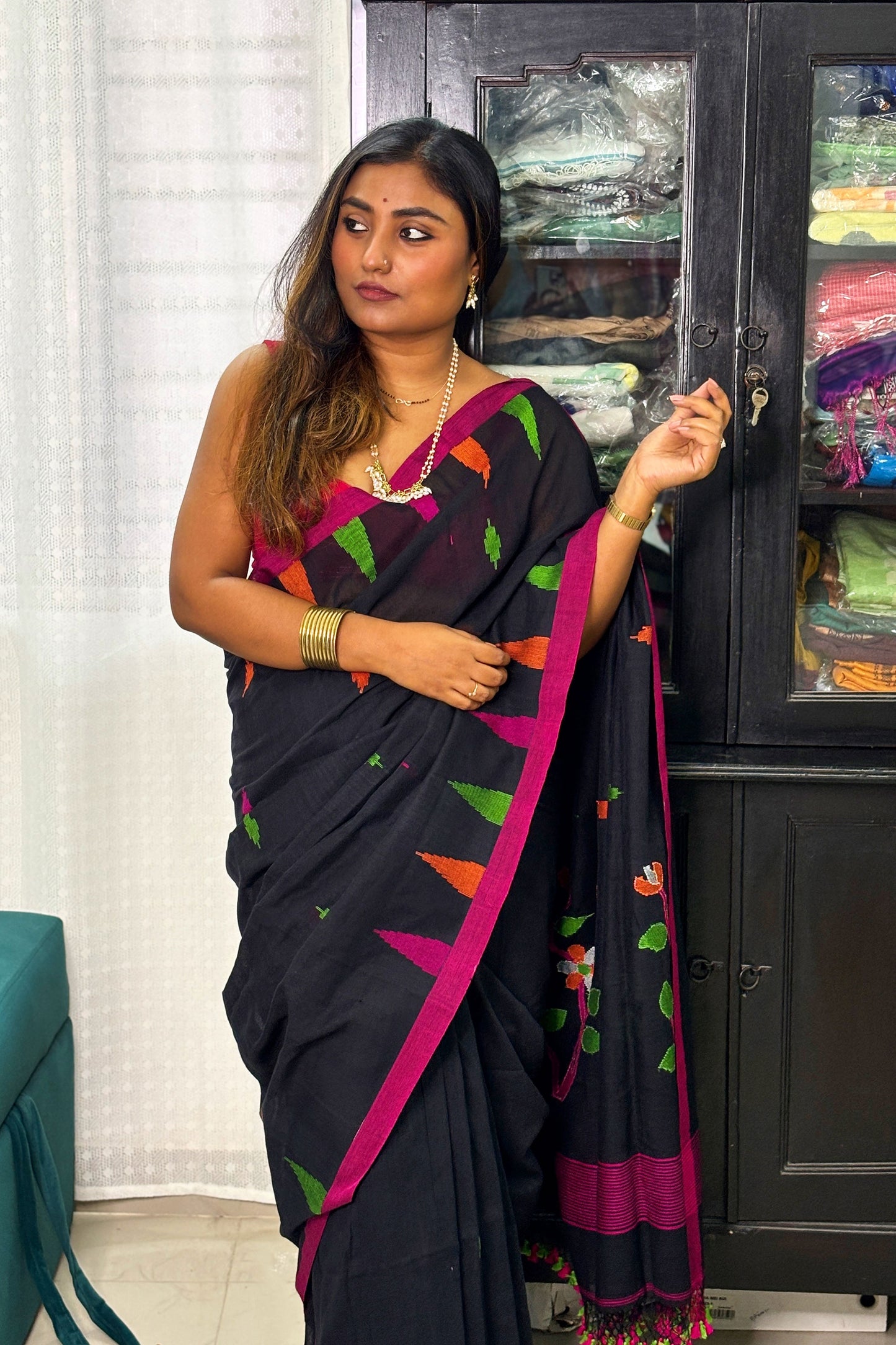 Black Cotton Purely Handloom Needle Woven Jamdani Saree with temple border