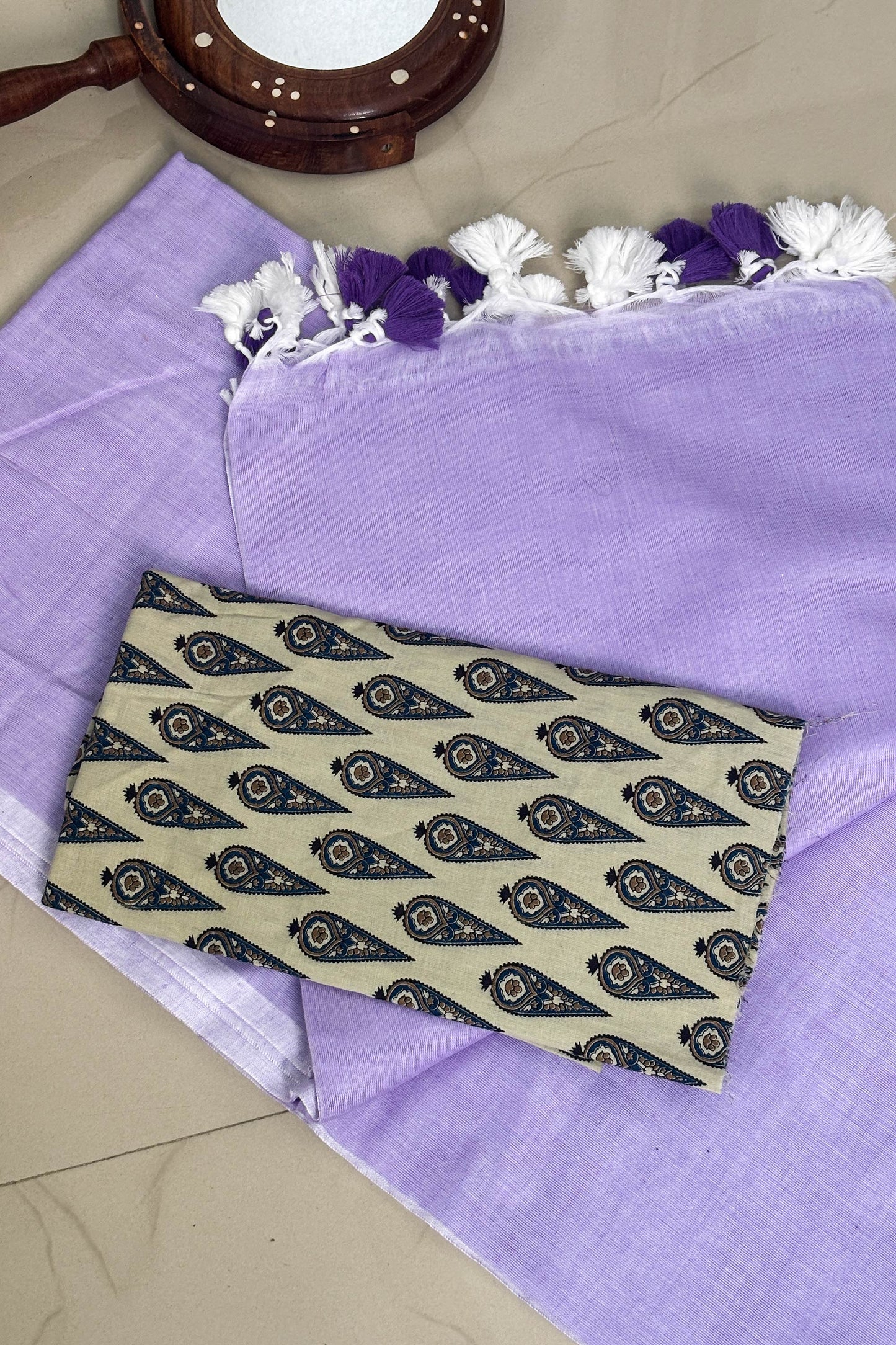 Summer Basics- Lilac saree with cement colour handblock blouse