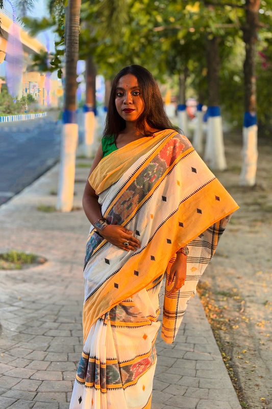 Yellow-White Ikat Woven Dhaniakhali Cotton Saree