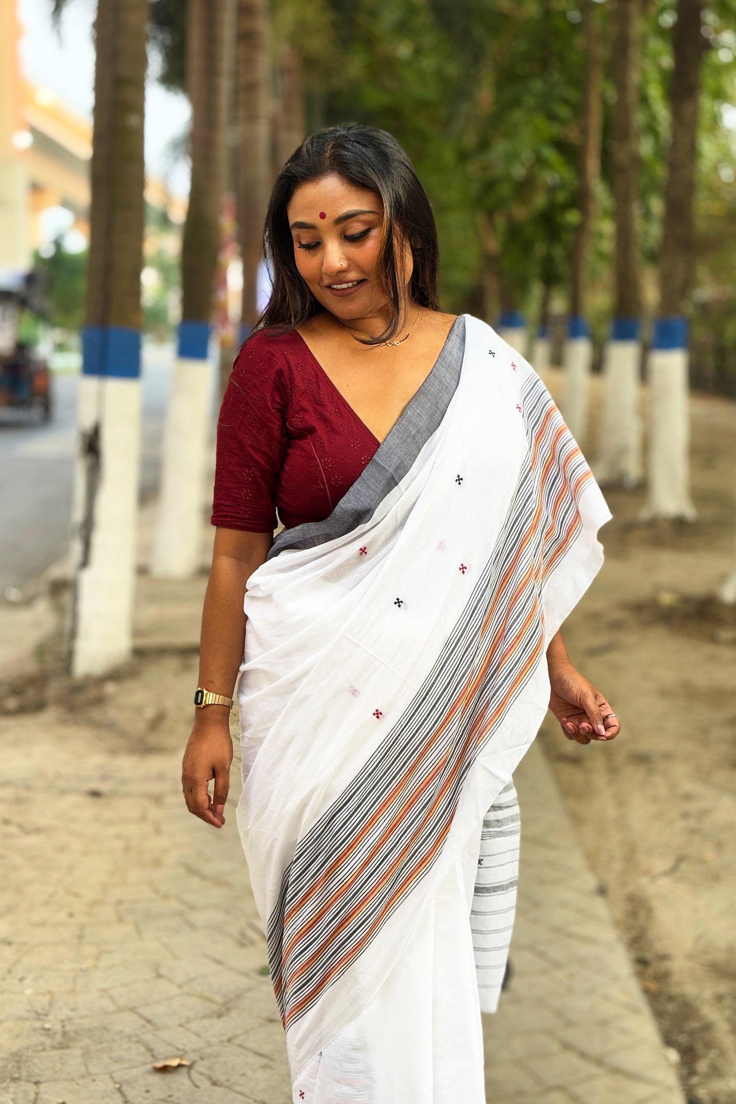 White Dhaniakhali Cotton Saree with Multicolor Border