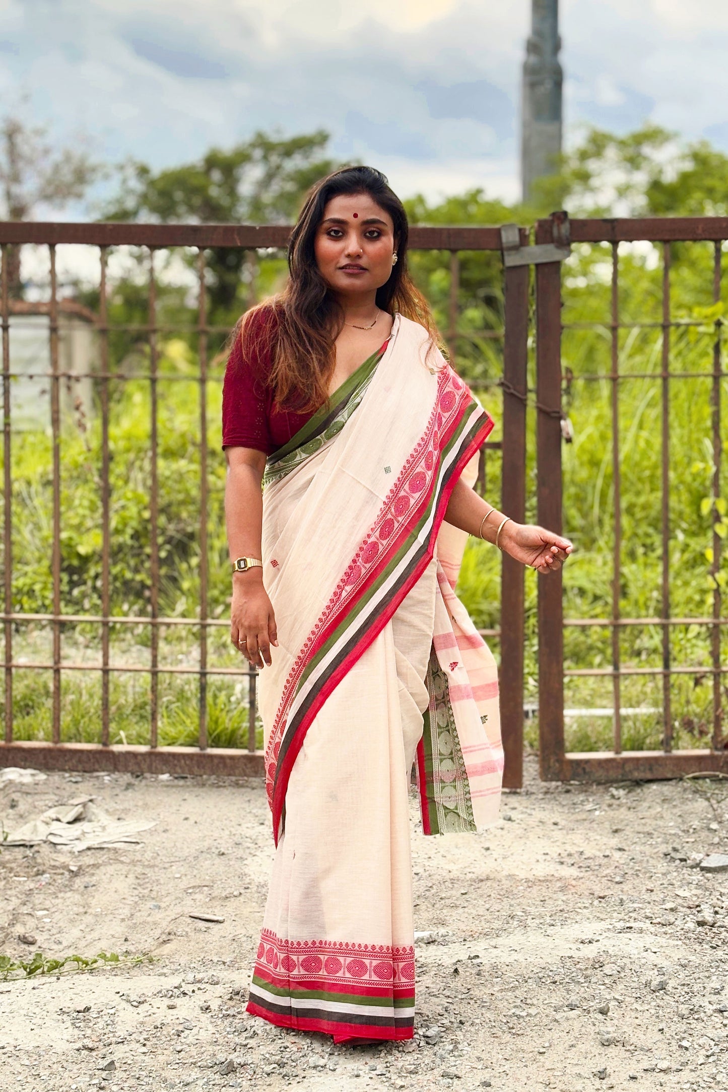 Beige Dhaniakhali Cotton Saree with Ganga Jamuna Border