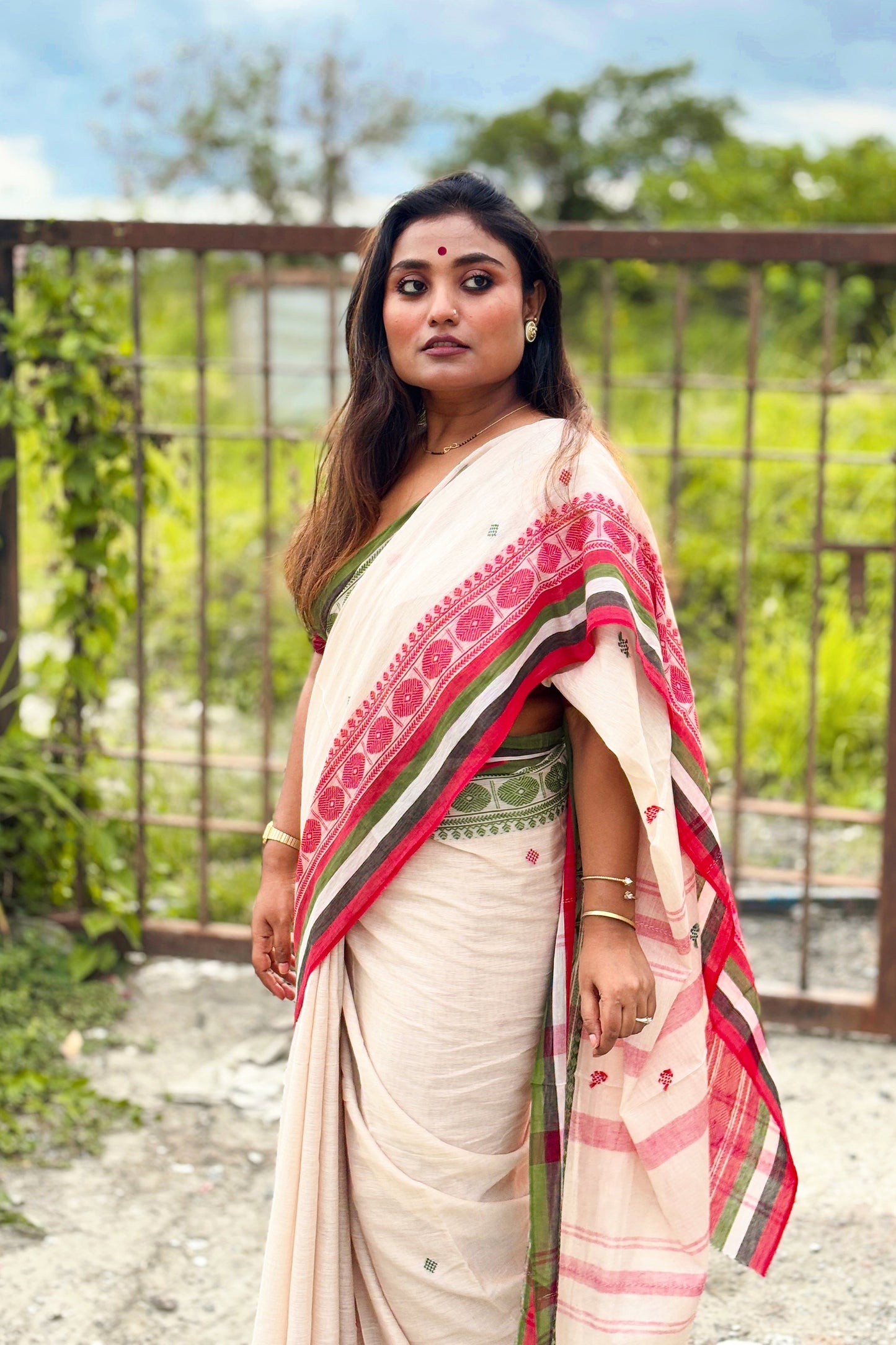 Beige Dhaniakhali Cotton Saree with Ganga Jamuna Border