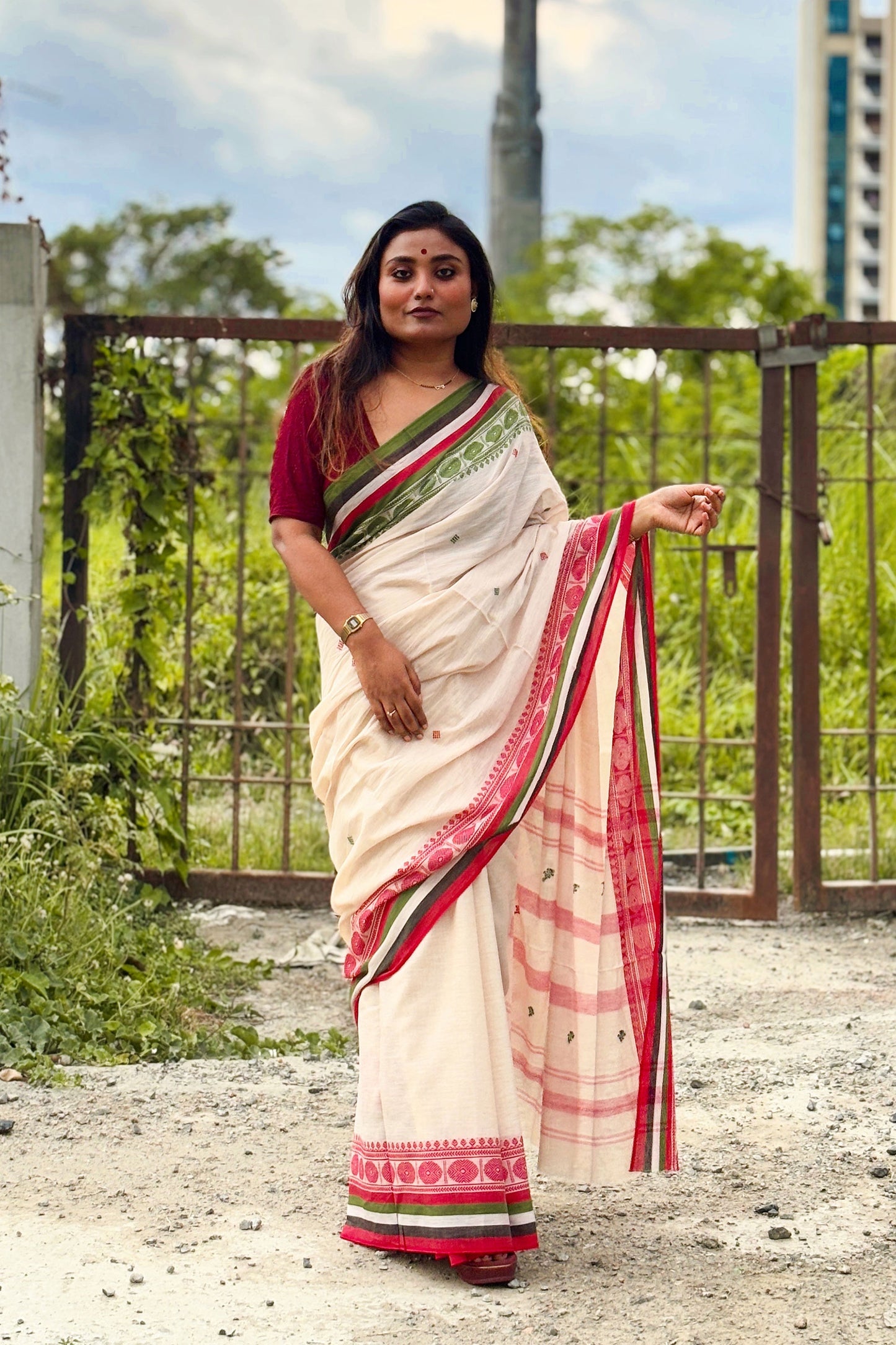 Beige Dhaniakhali Cotton Saree with Ganga Jamuna Border