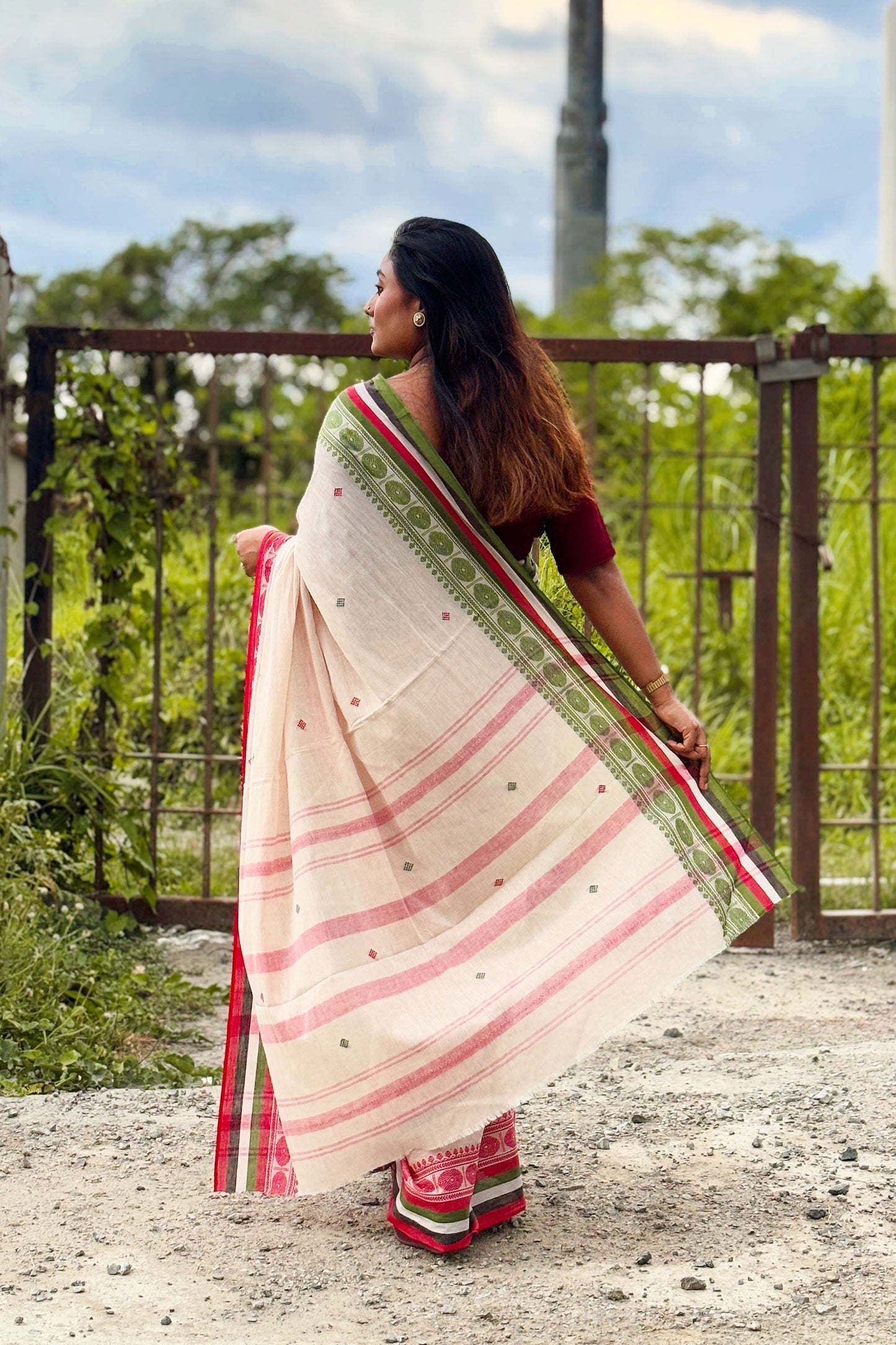 Beige Dhaniakhali Cotton Saree with Ganga Jamuna Border