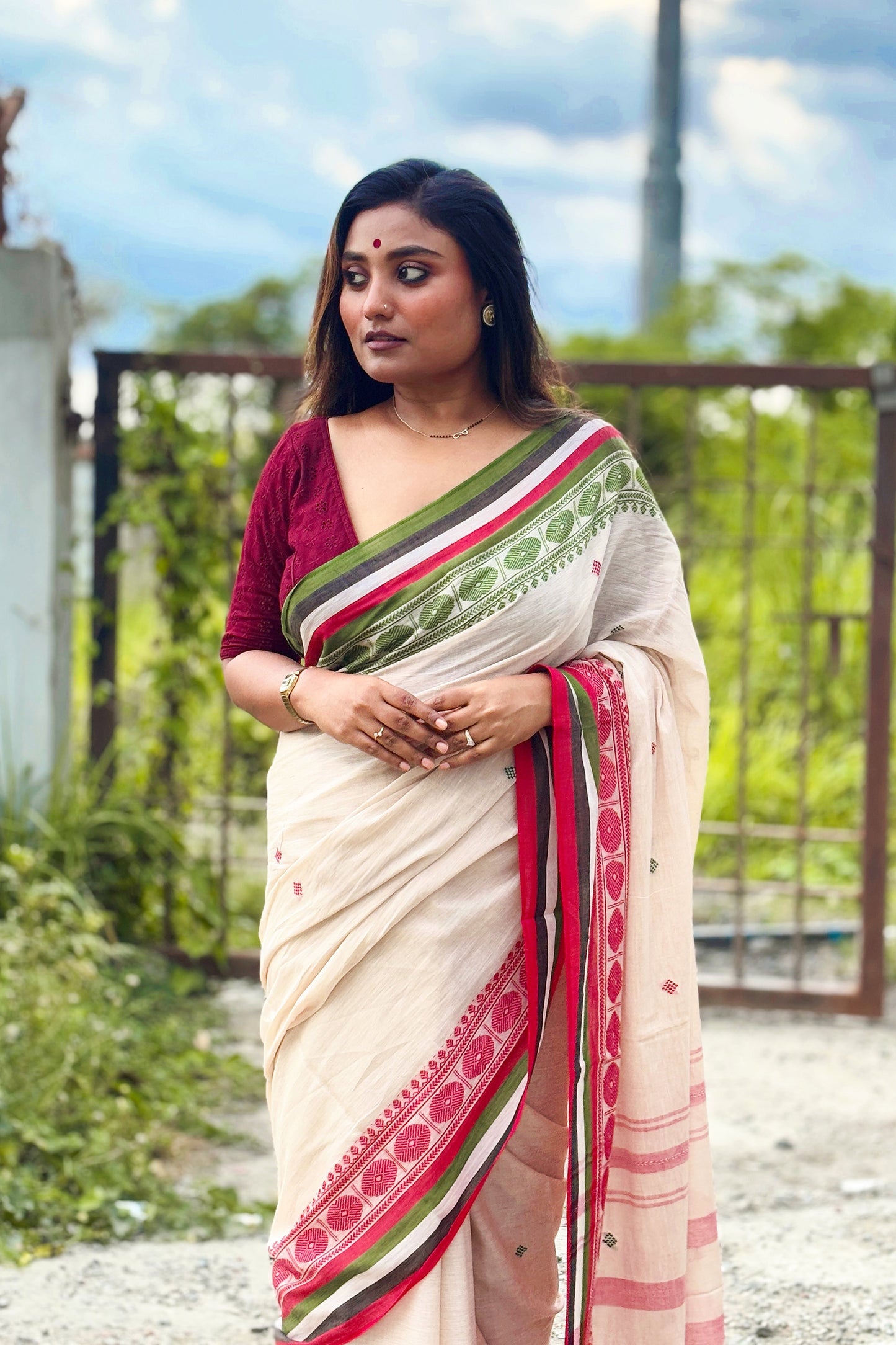 Beige Dhaniakhali Cotton Saree with Ganga Jamuna Border