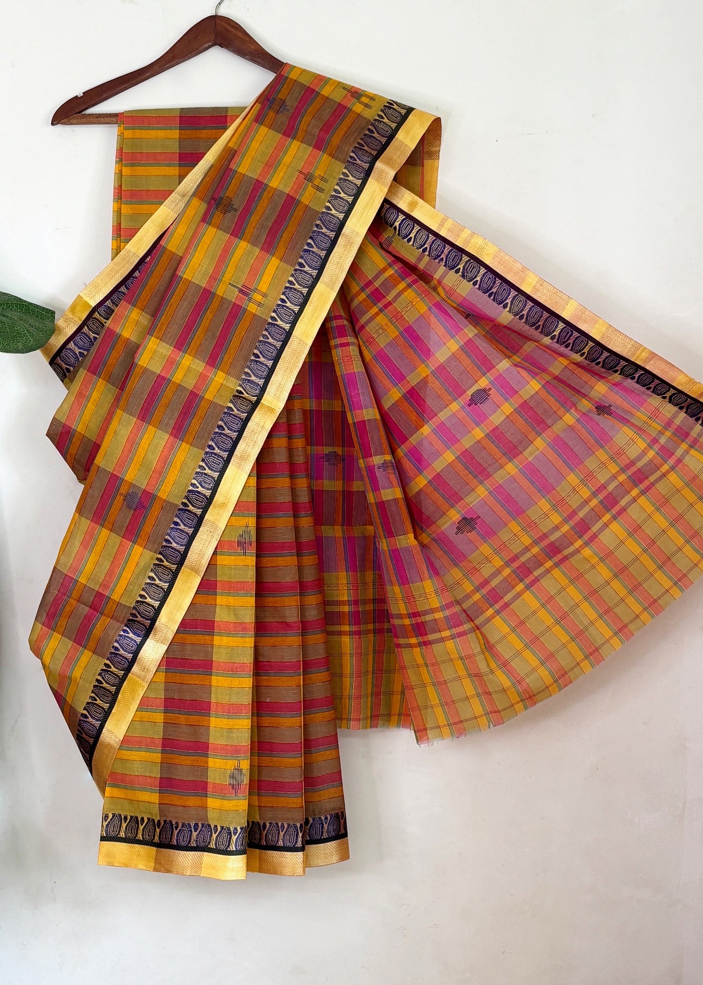 Multicolor Cotton Dhaniakhali Saree with Zari Stripes