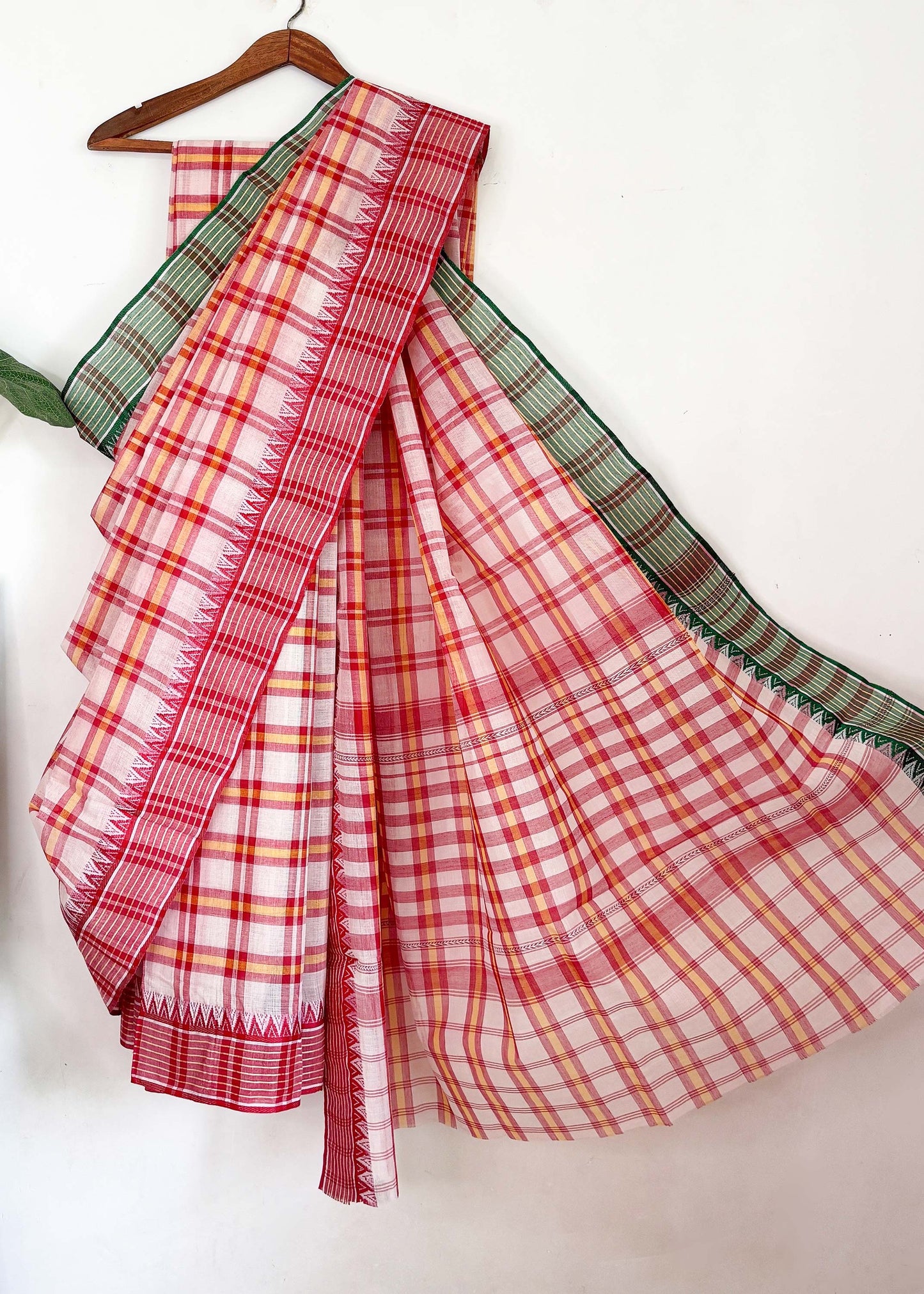 White Red Check Cotton Dhaniakhali Saree with Ganga Jamuna Border