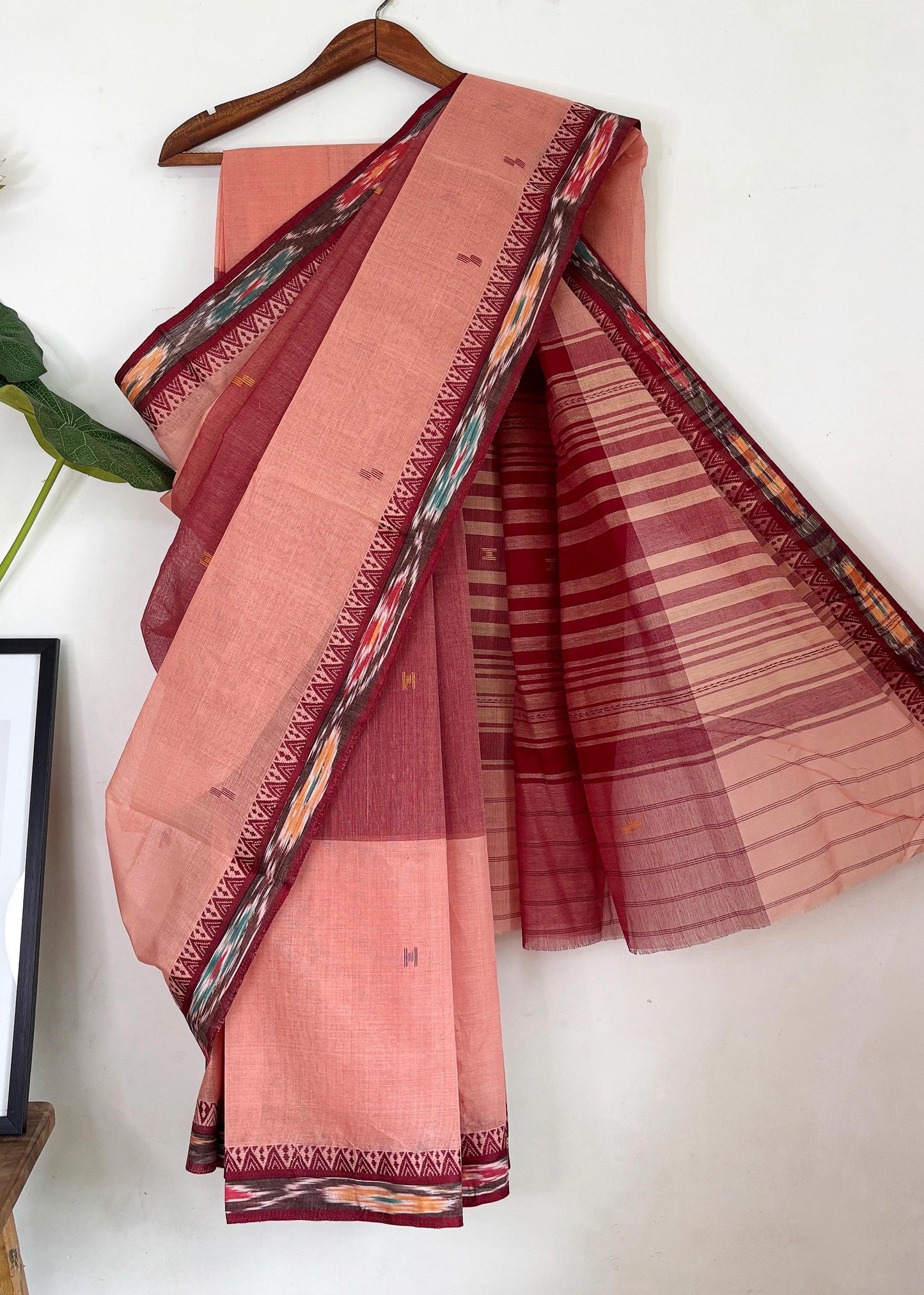 Peach Maroon Cotton Dhaniakhali Saree with Ikat Borders