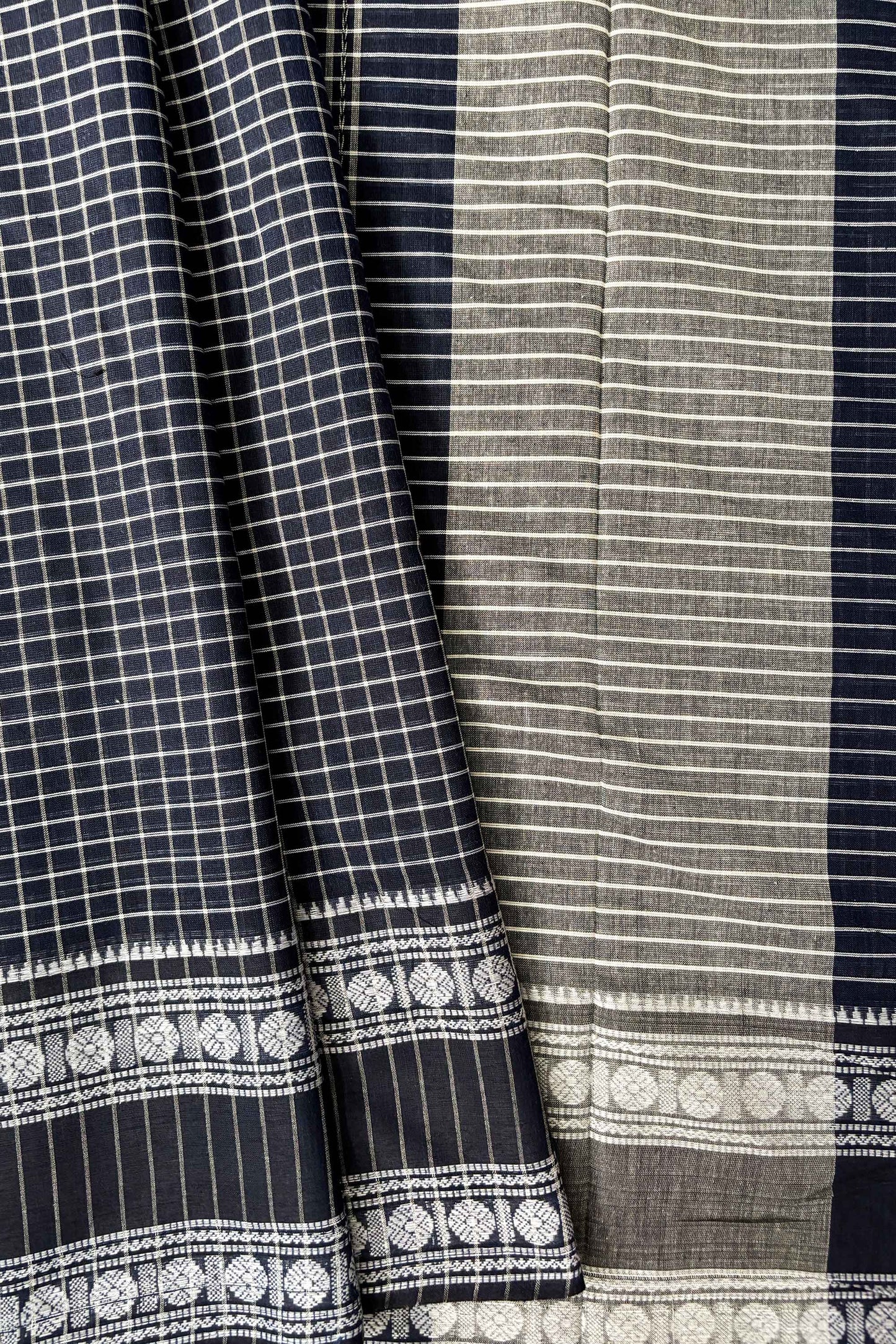 Space Blue Cotton Small Check Dhaniakhali Saree with Rudraksh Borders