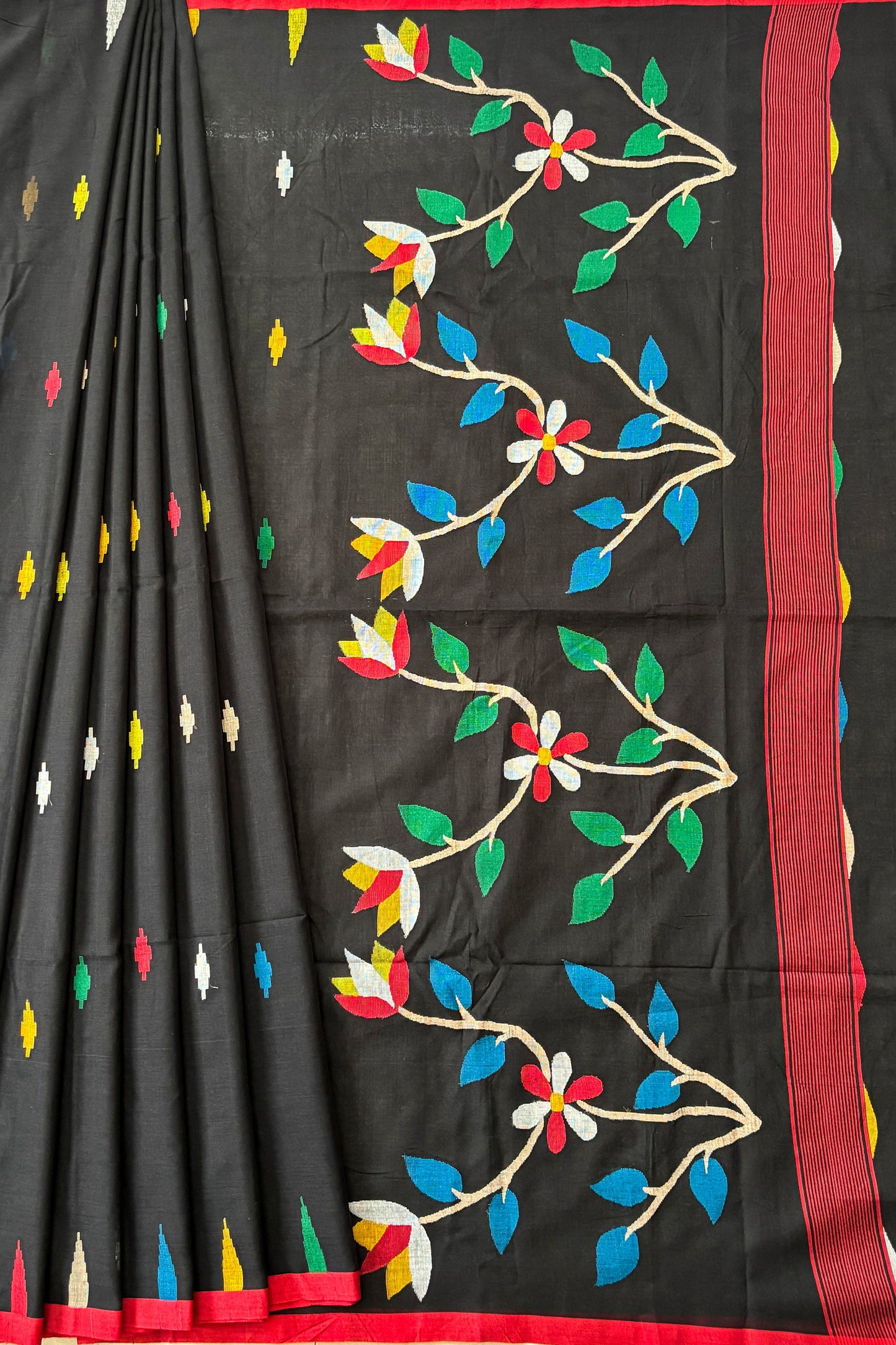 Black Purely Handloom Needle Woven Multicolor Jamdani Saree