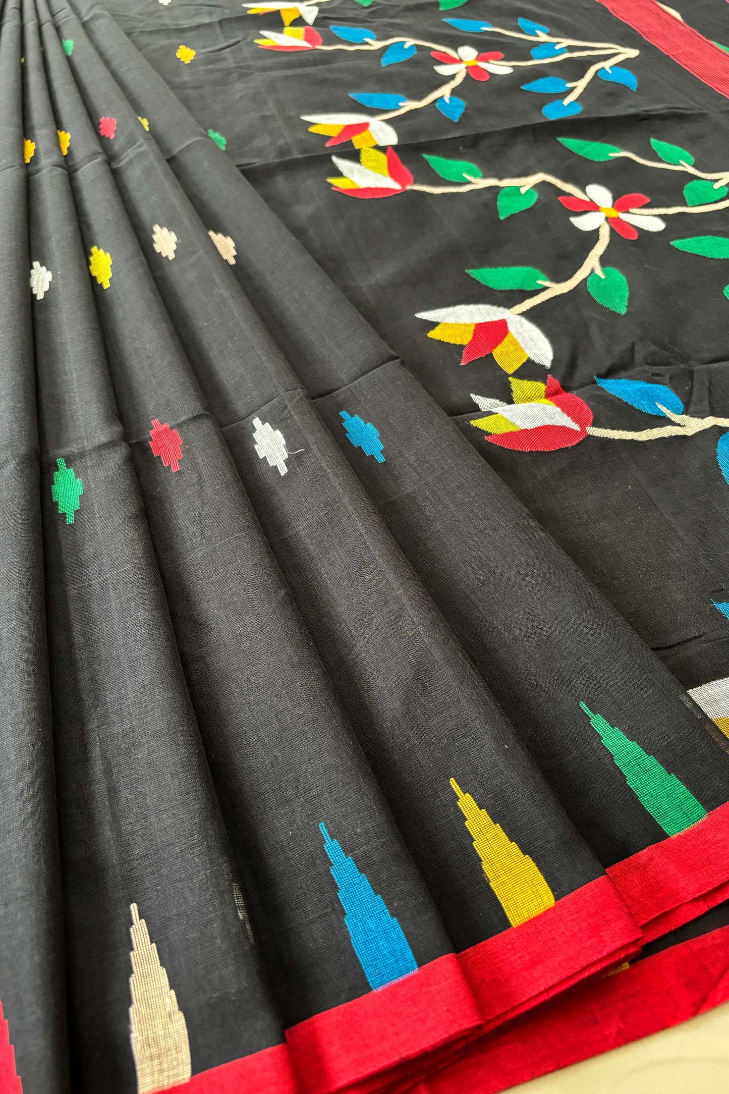 Black Purely Handloom Needle Woven Multicolor Jamdani Saree