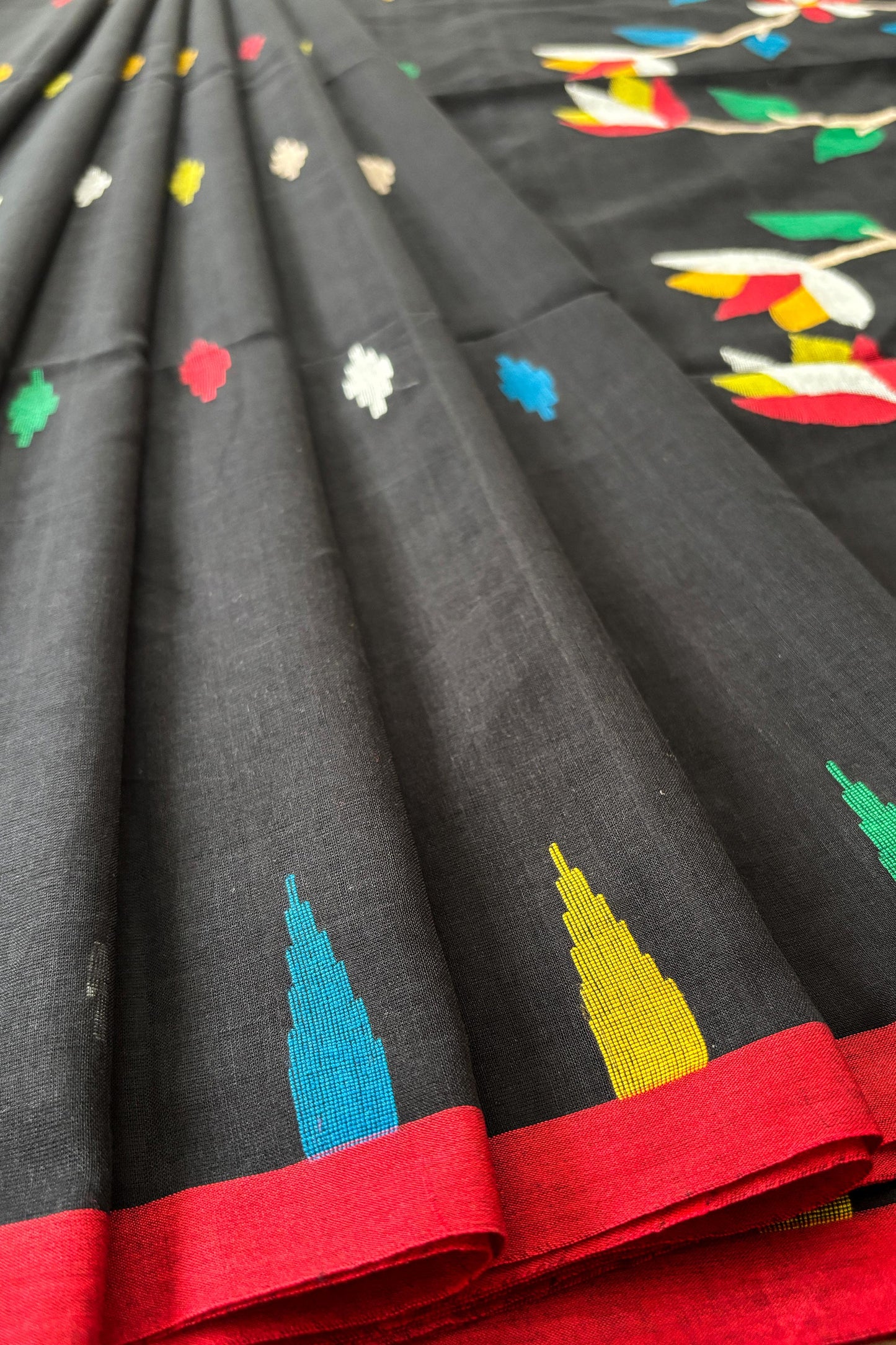 Black Purely Handloom Needle Woven Multicolor Jamdani Saree