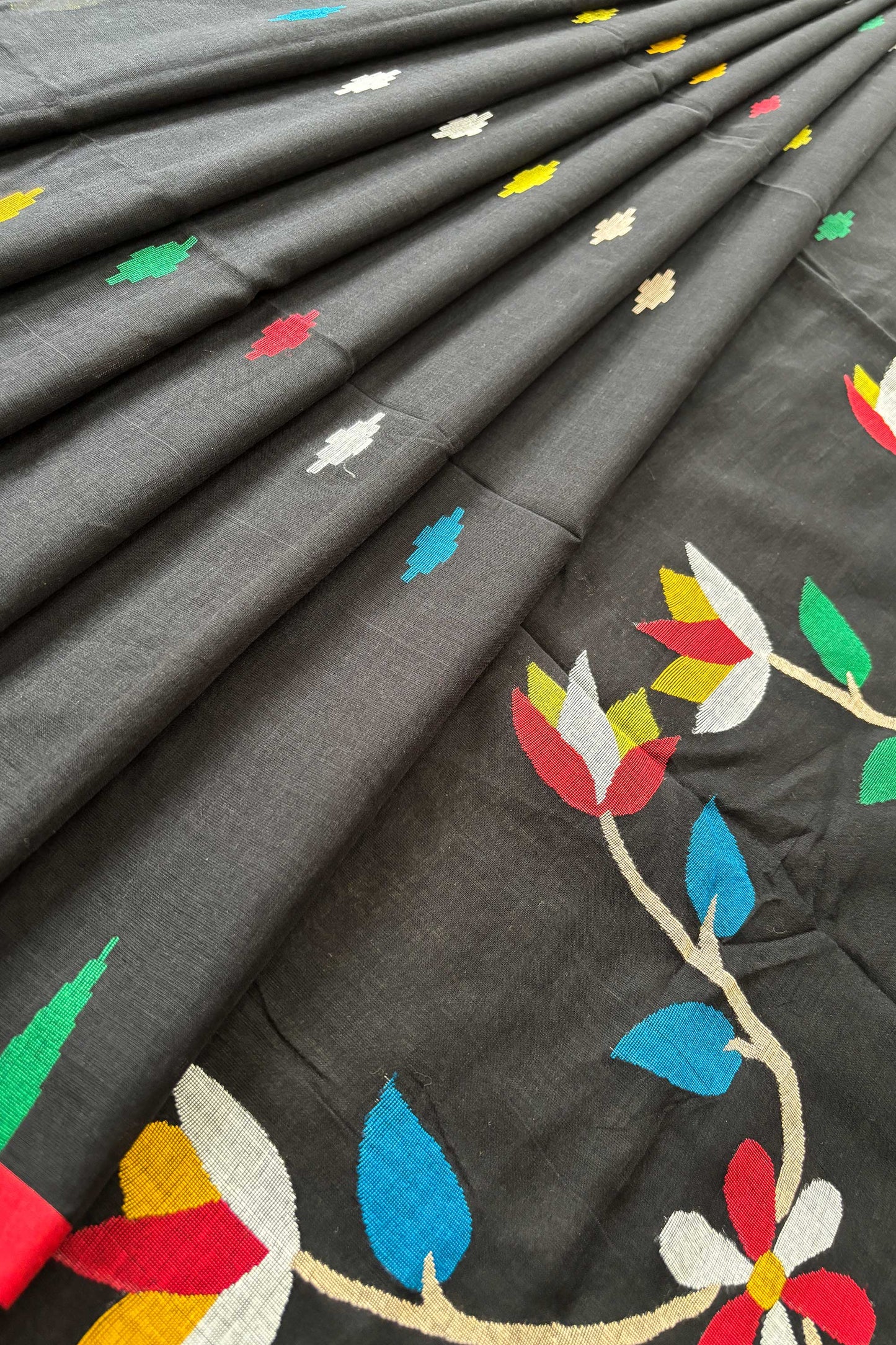 Black Purely Handloom Needle Woven Multicolor Jamdani Saree