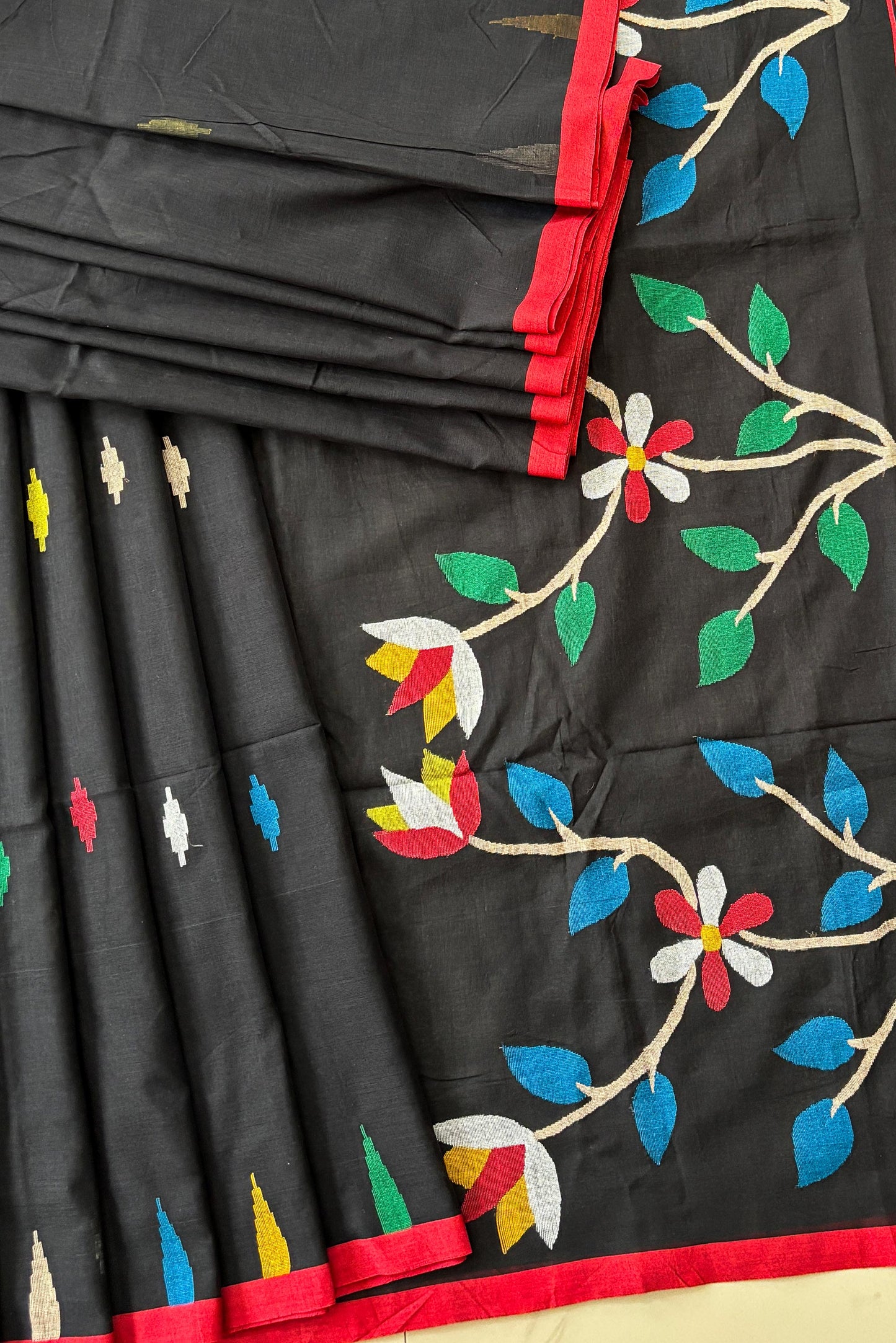 Black Purely Handloom Needle Woven Multicolor Jamdani Saree
