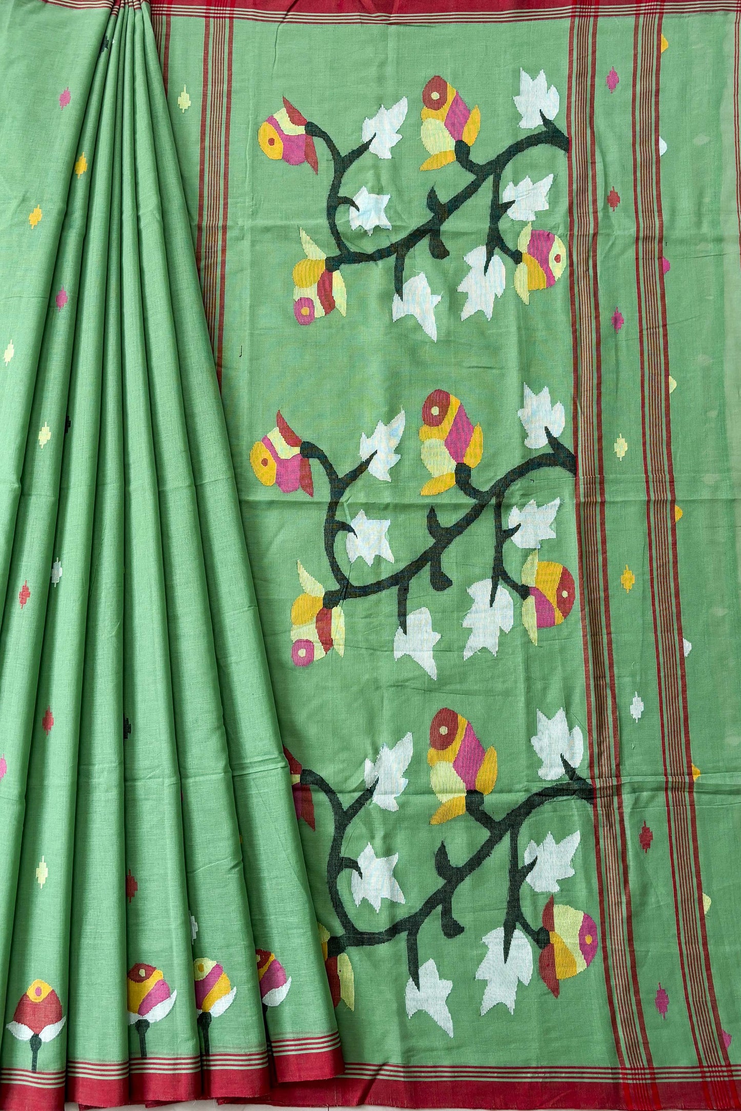 Mint Green Purely Handloom Needle Woven Jamdani Saree