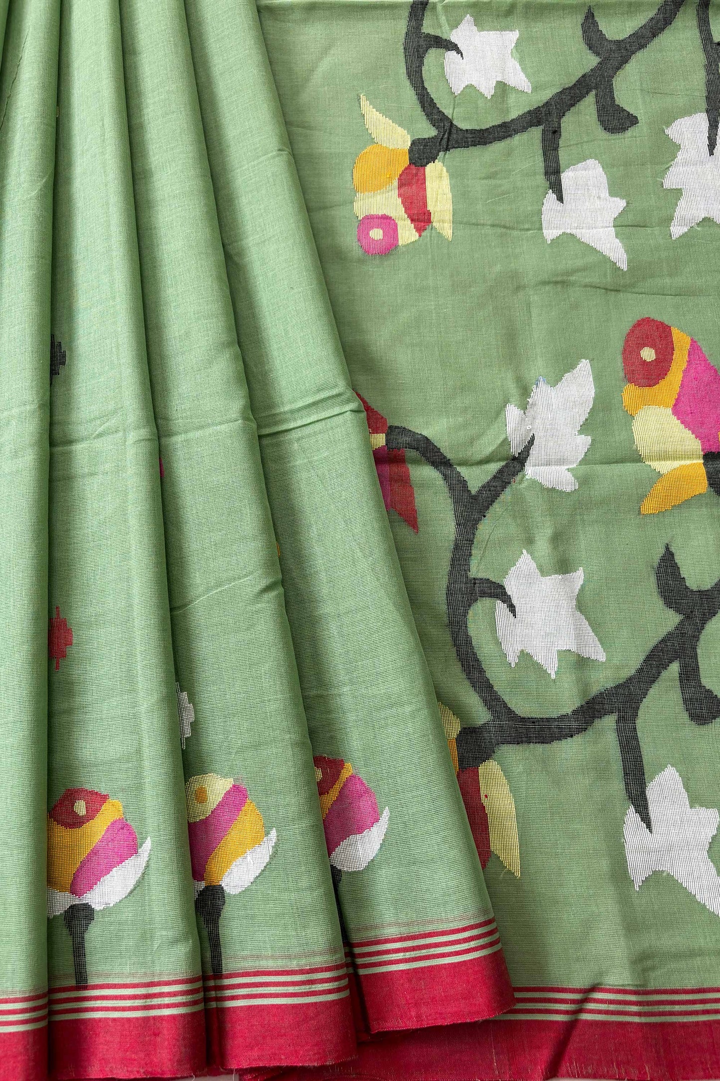 Mint Green Purely Handloom Needle Woven Jamdani Saree