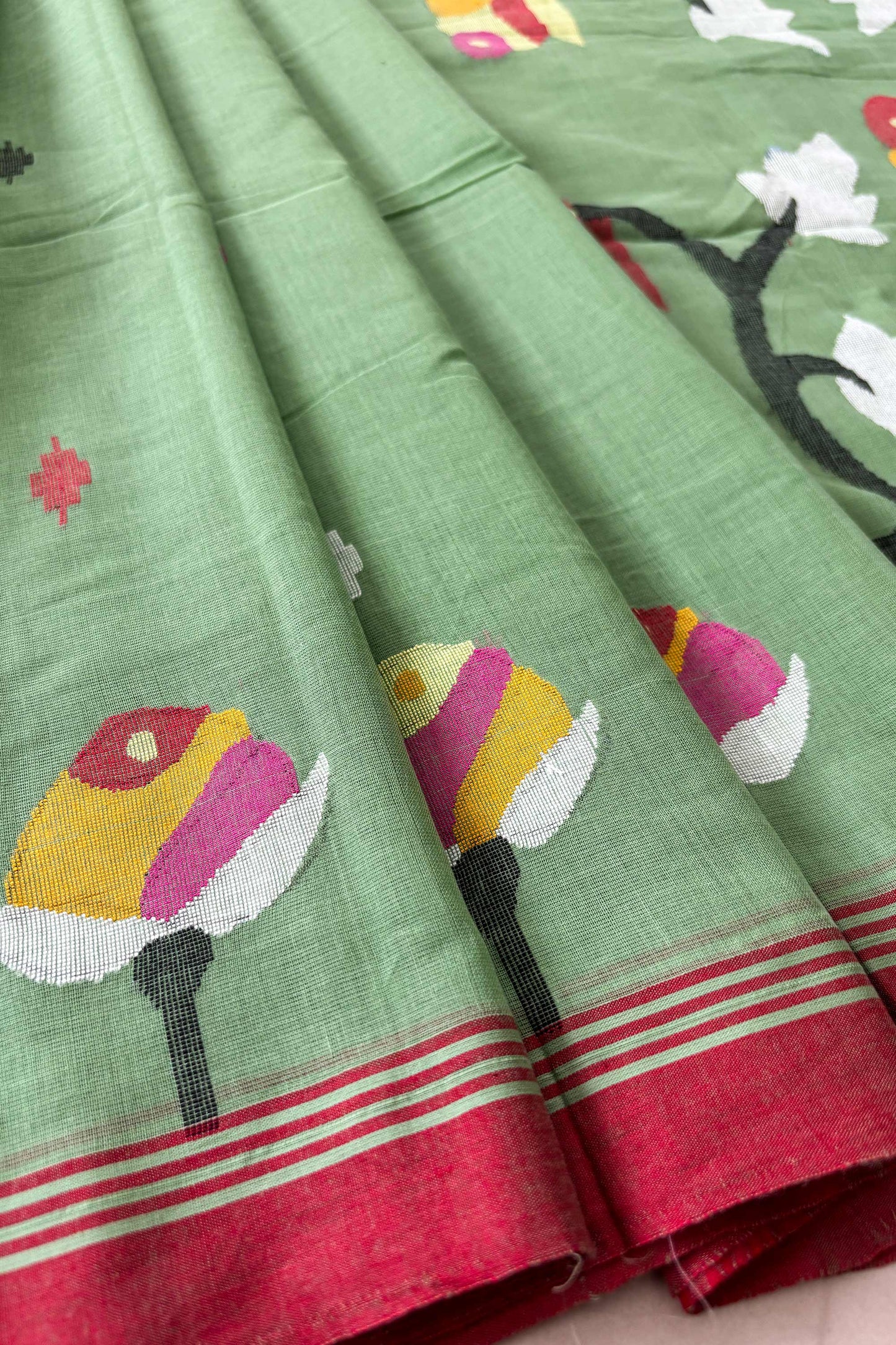 Mint Green Purely Handloom Needle Woven Jamdani Saree