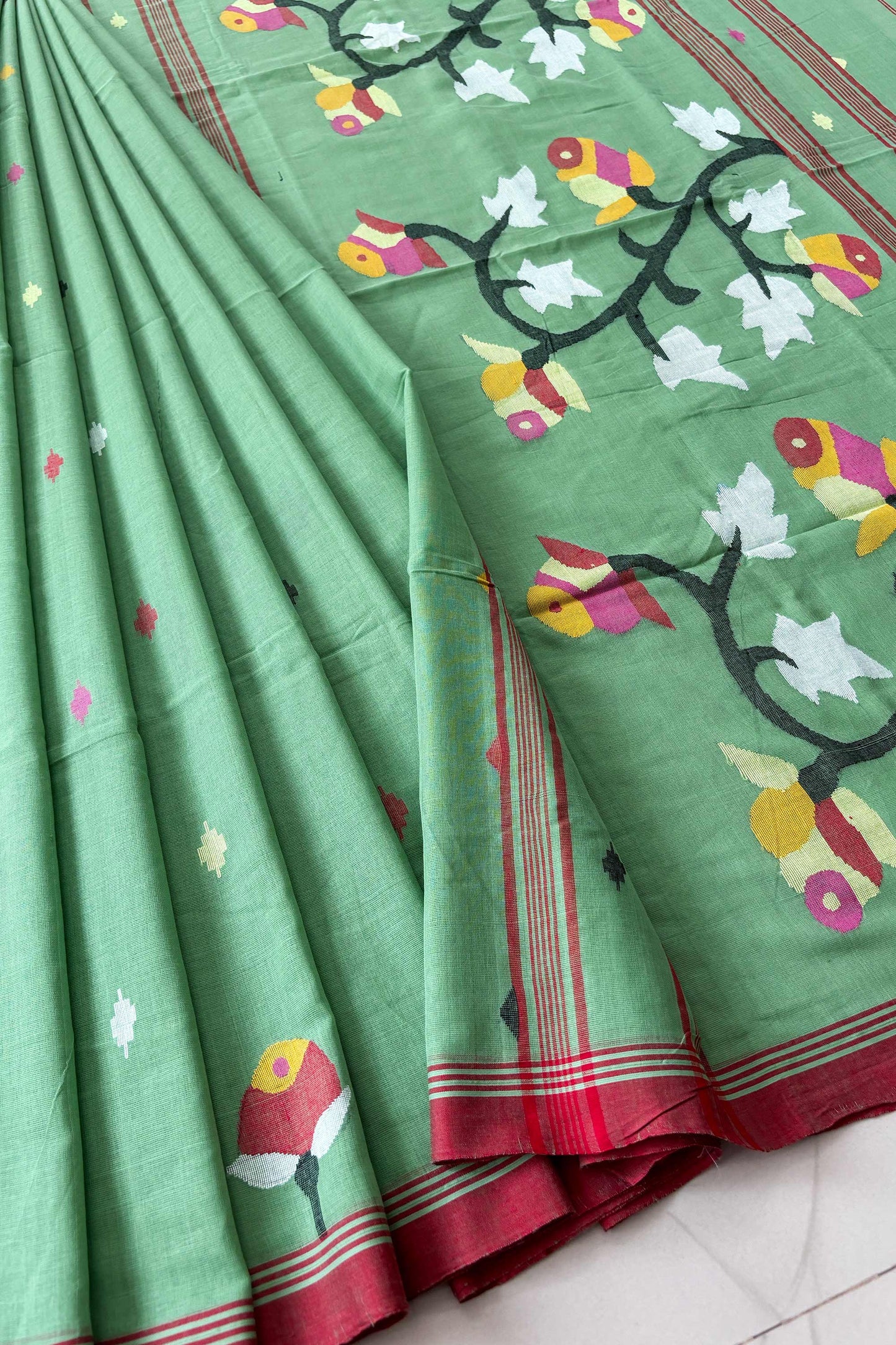 Mint Green Purely Handloom Needle Woven Jamdani Saree