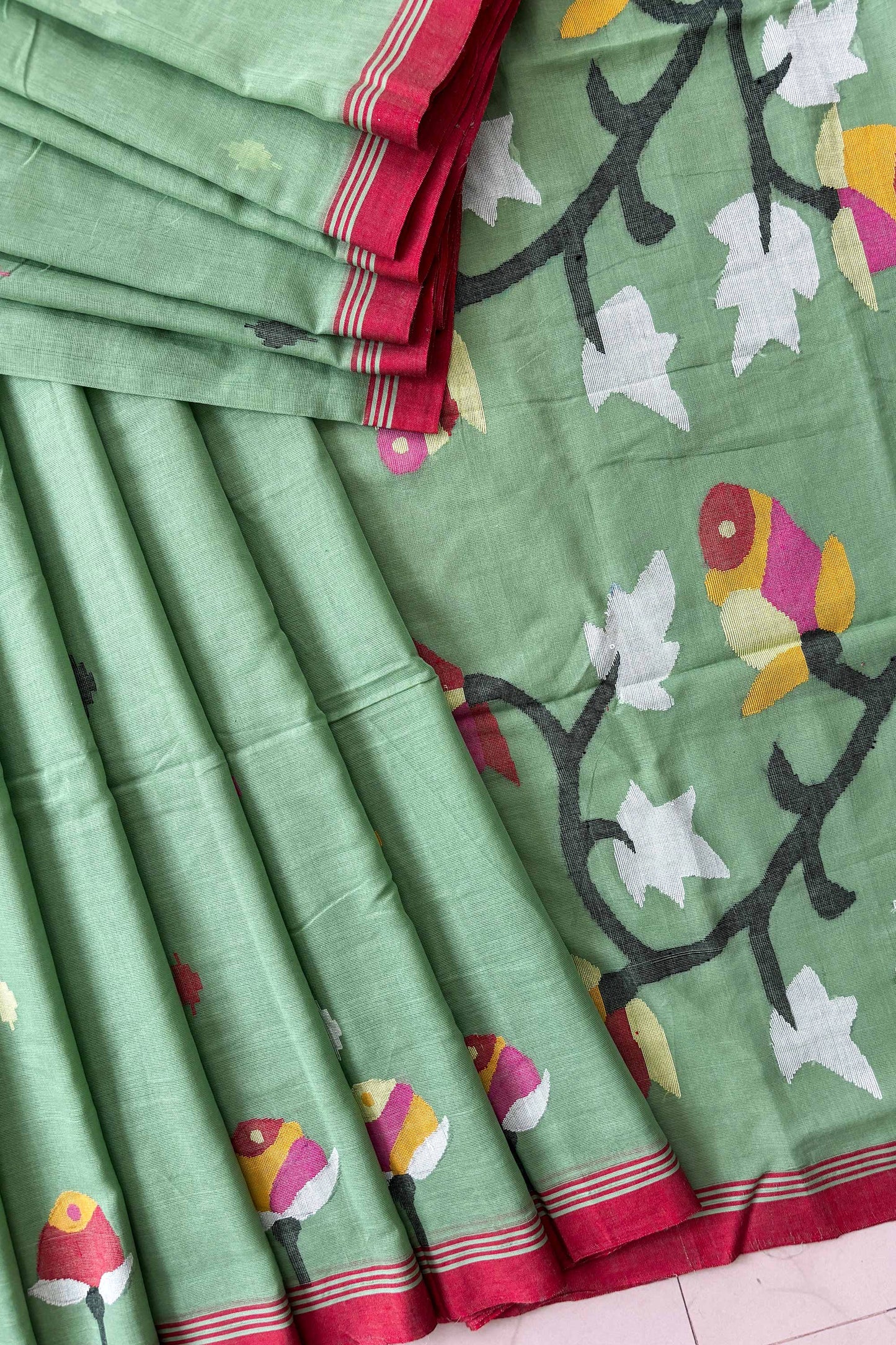 Mint Green Purely Handloom Needle Woven Jamdani Saree