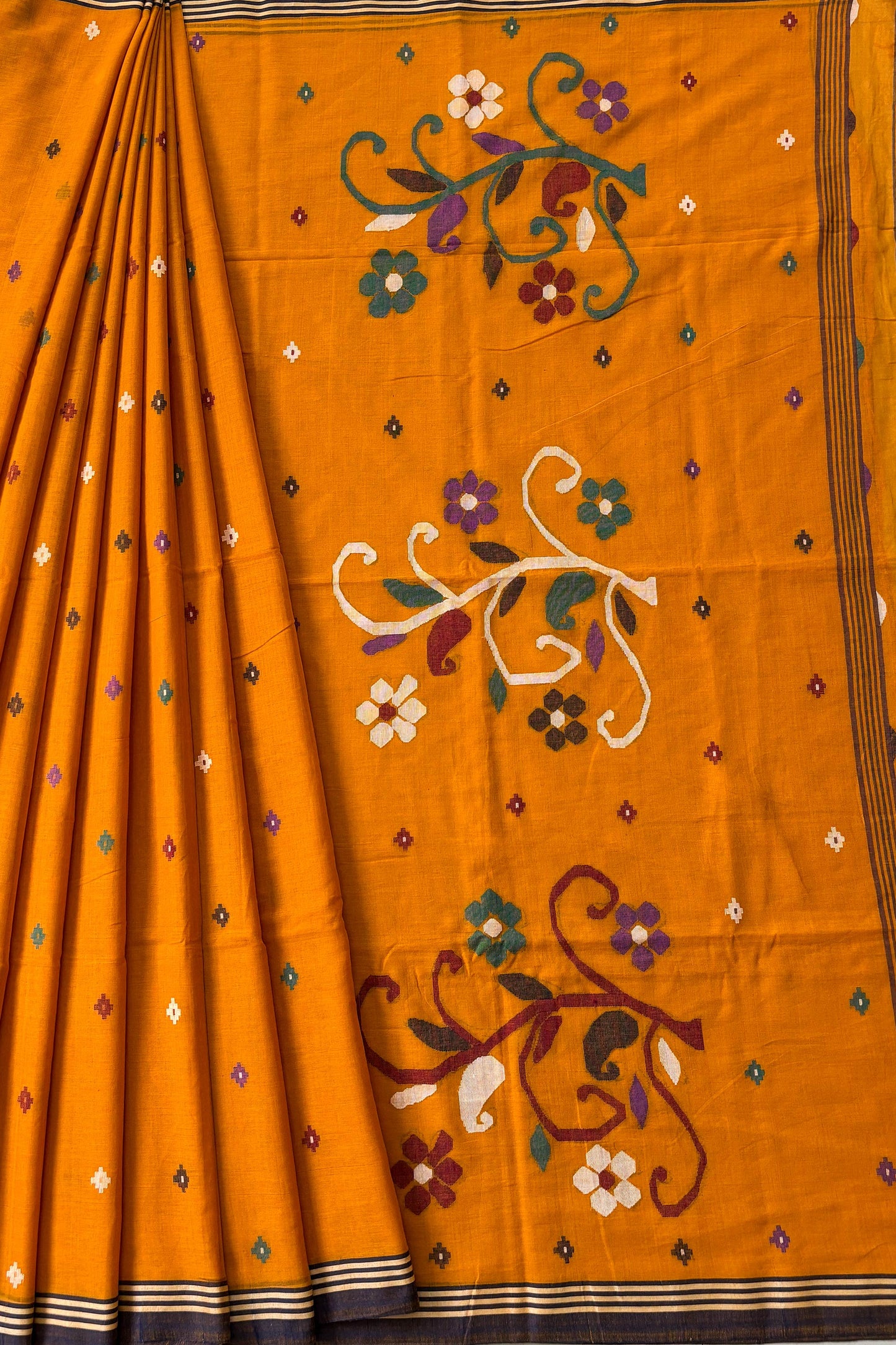 Saffron Yellow Purely Handloom Needle Woven Jamdani Saree