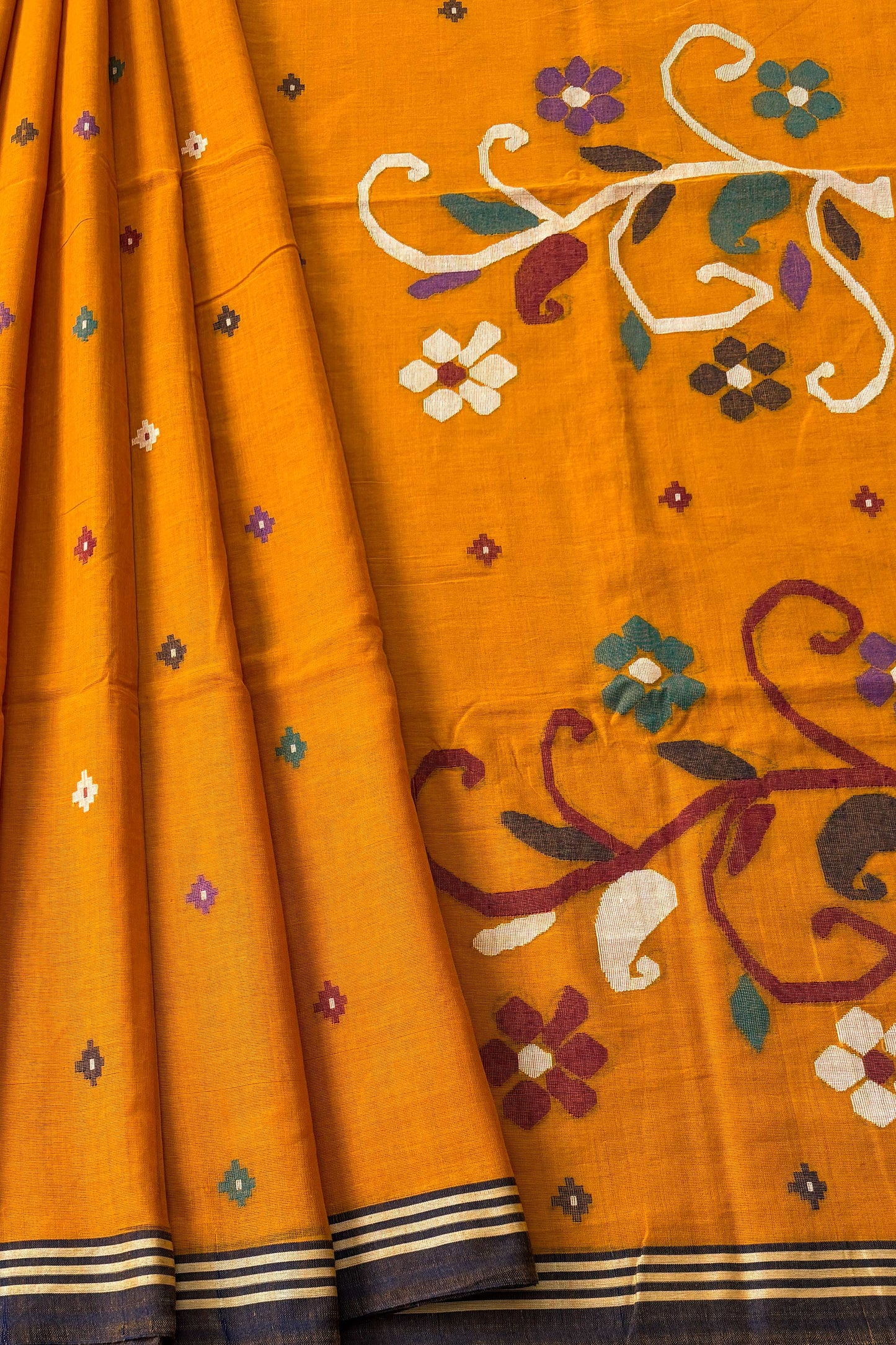 Saffron Yellow Purely Handloom Needle Woven Jamdani Saree