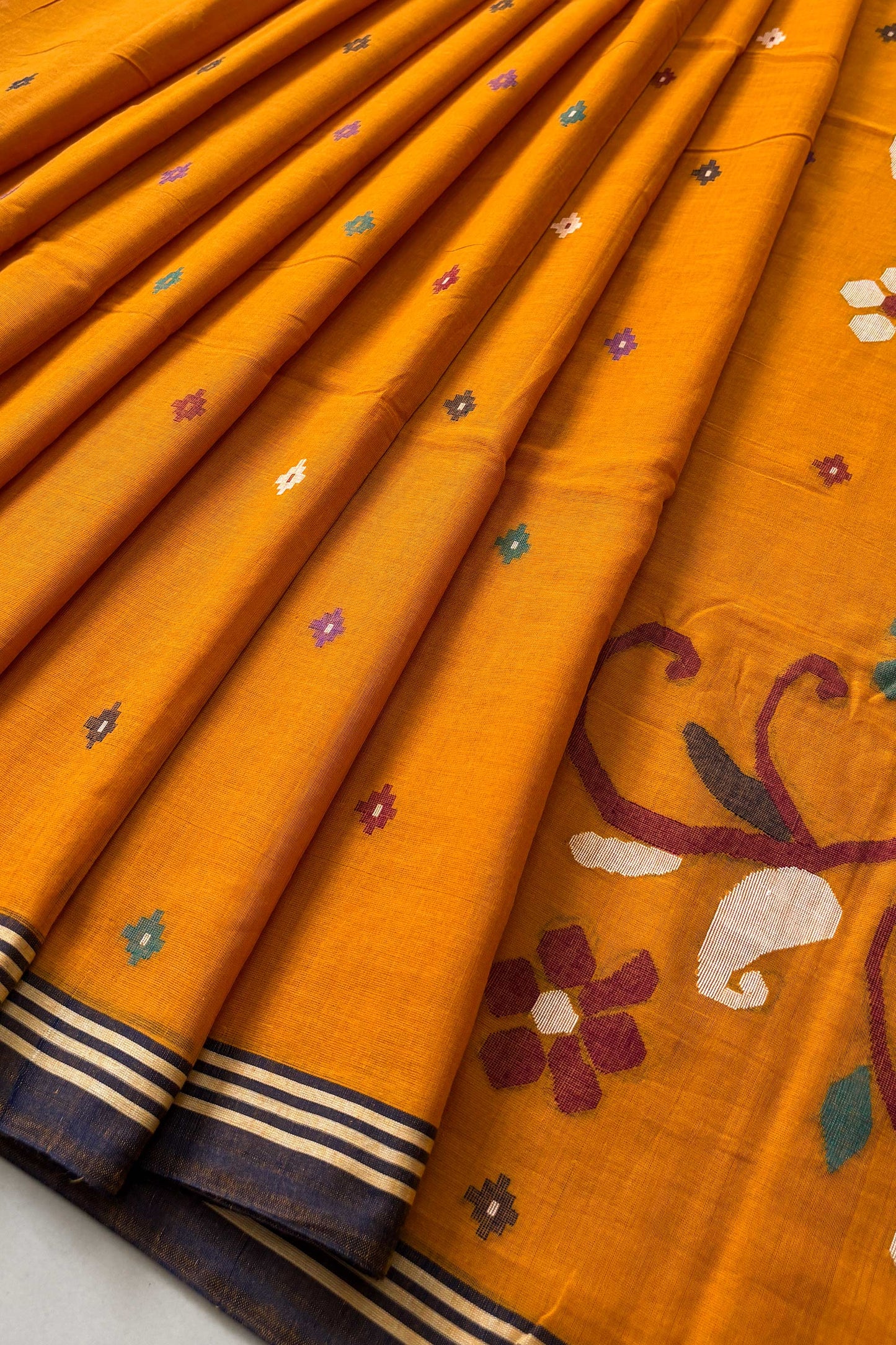 Saffron Yellow Purely Handloom Needle Woven Jamdani Saree