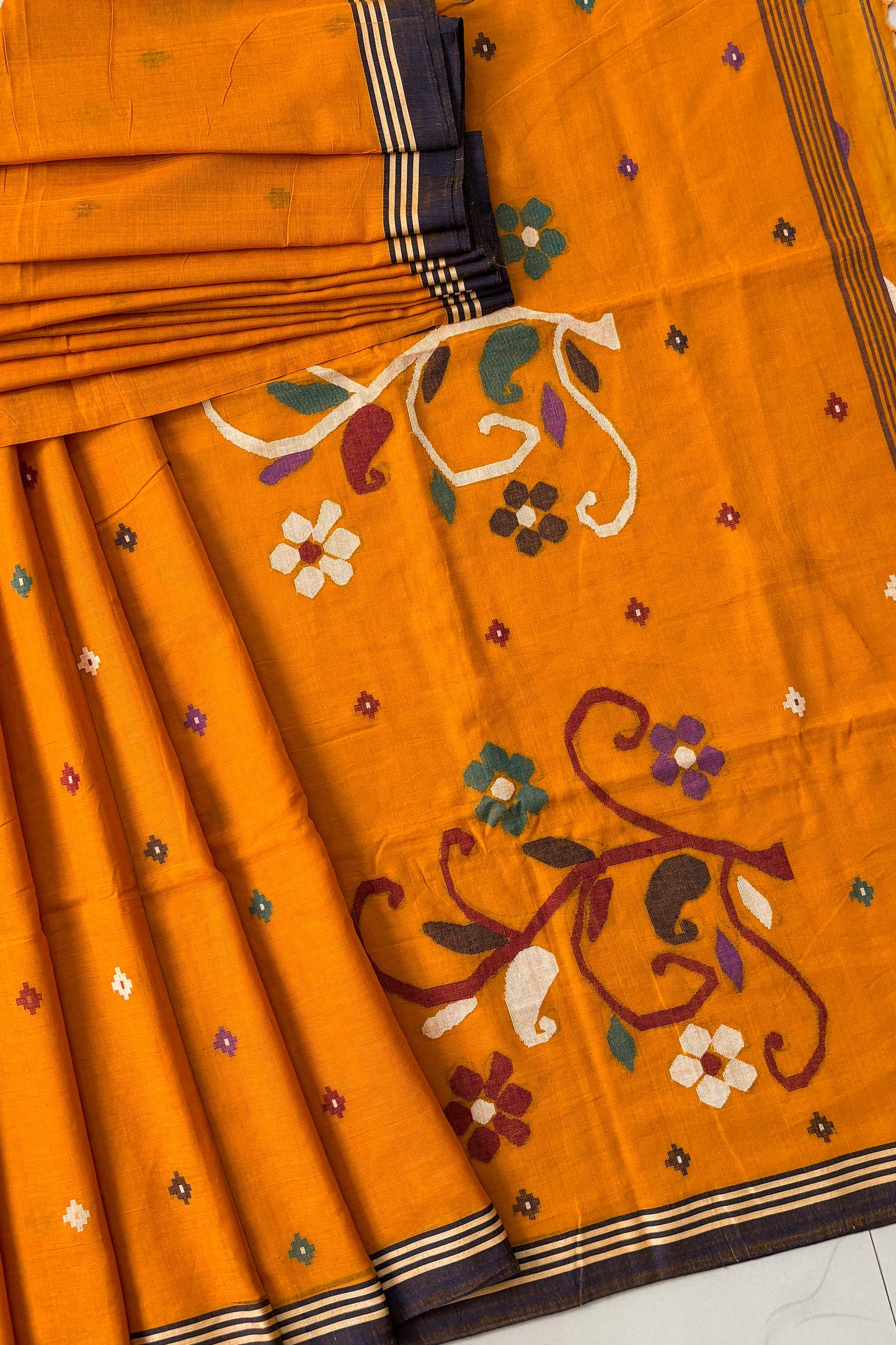 Saffron Yellow Purely Handloom Needle Woven Jamdani Saree