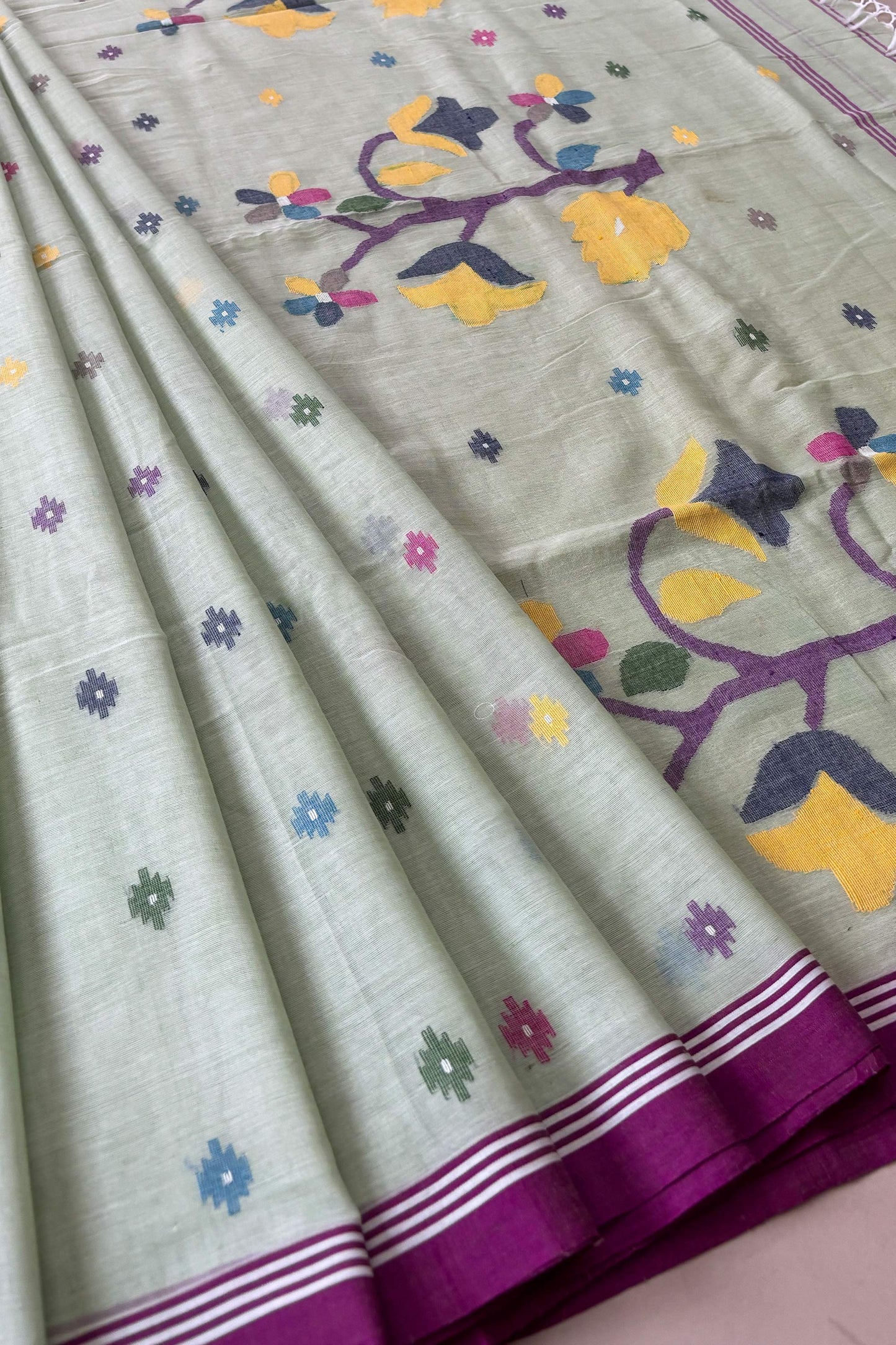 Ice Green Purely Handloom Needle Woven Jamdani Saree