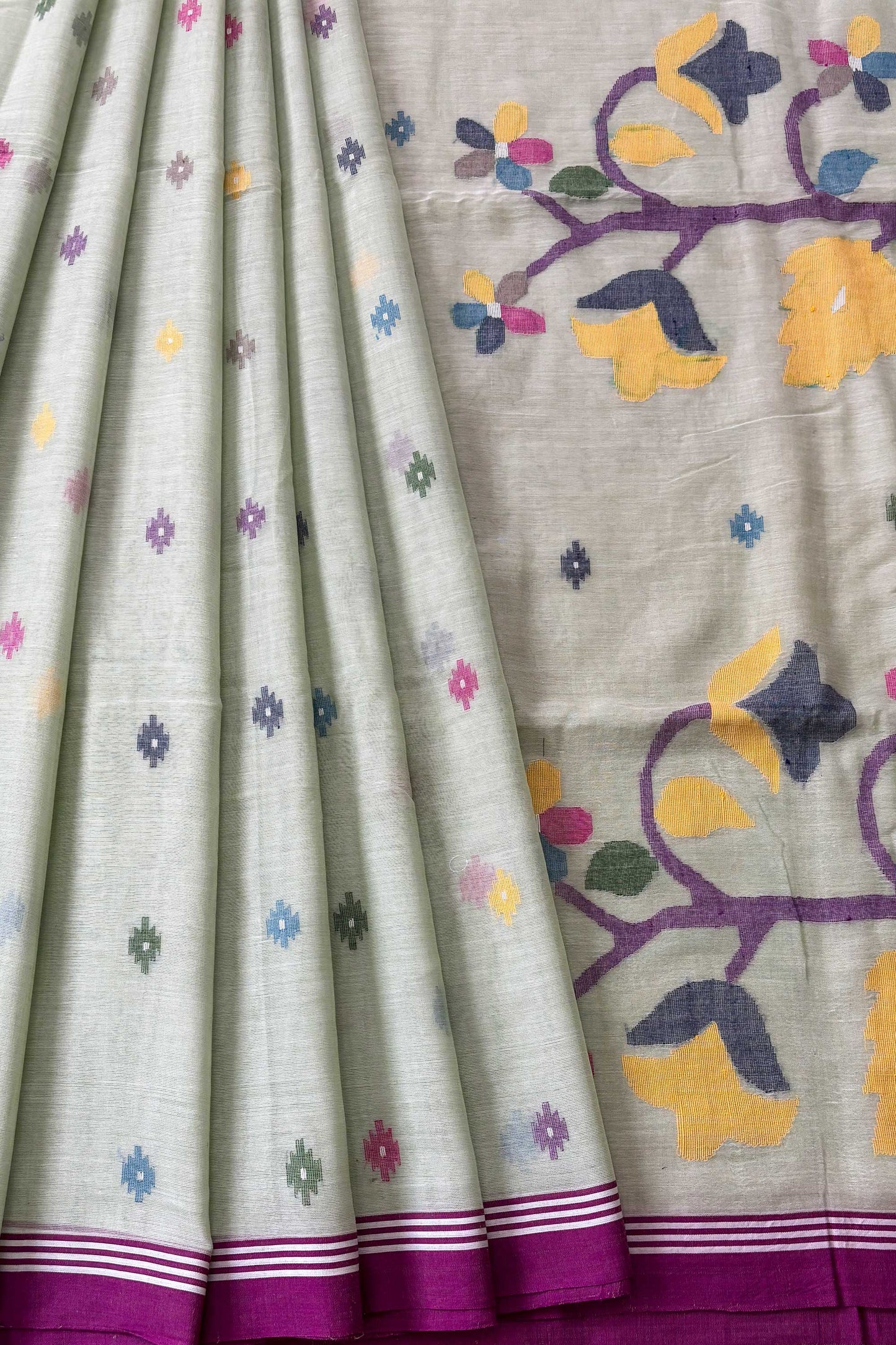 Ice Green Purely Handloom Needle Woven Jamdani Saree
