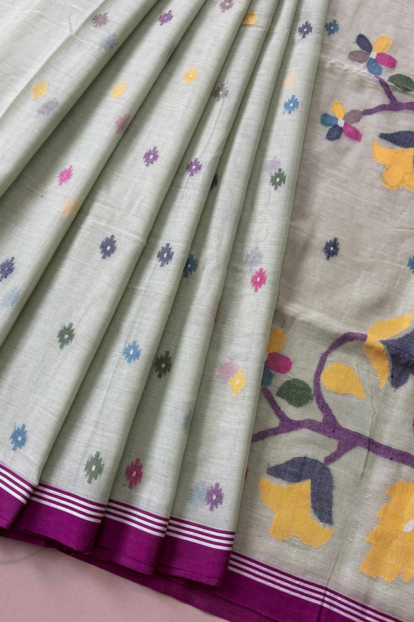 Ice Green Purely Handloom Needle Woven Jamdani Saree
