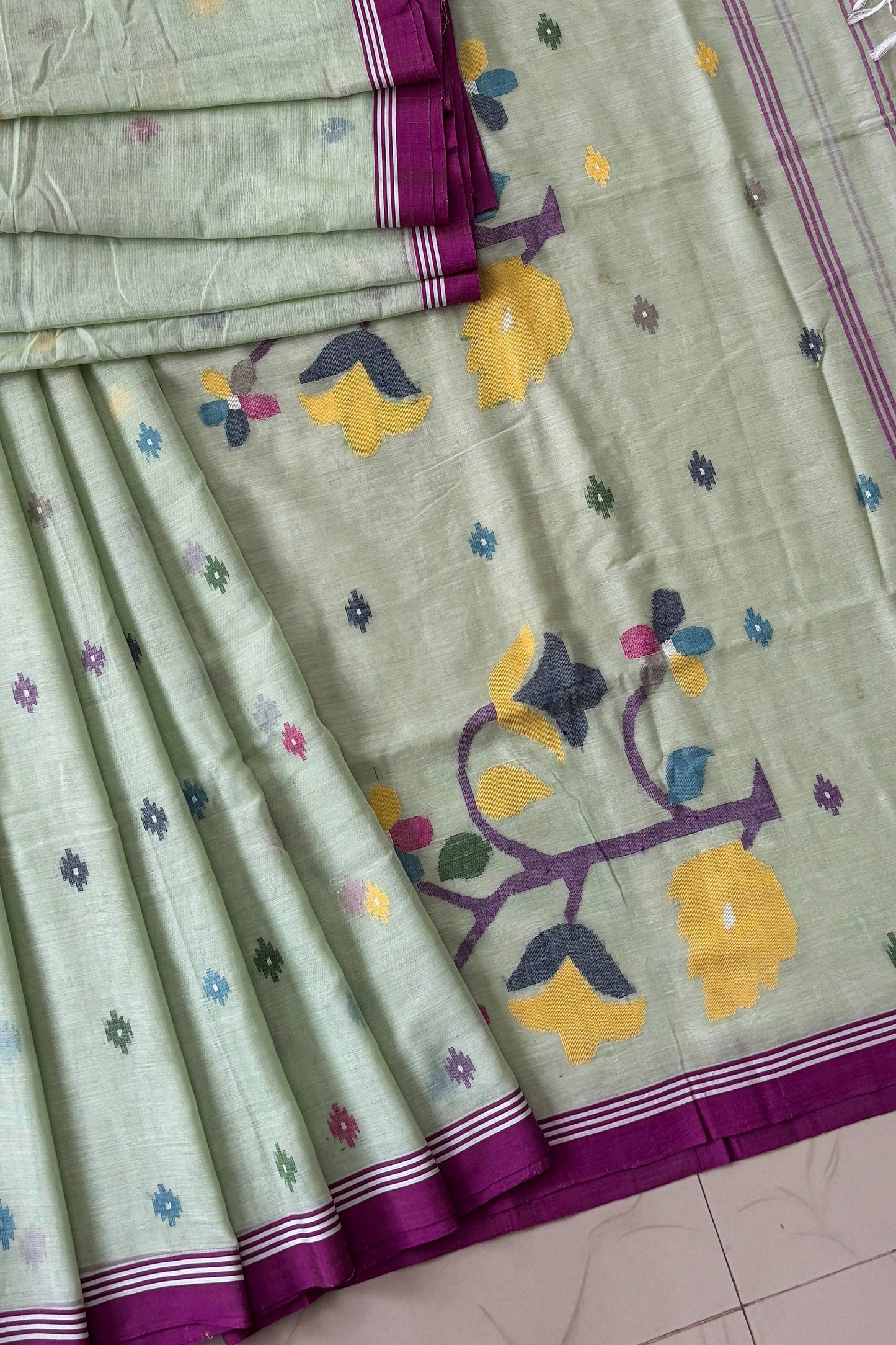 Ice Green Purely Handloom Needle Woven Jamdani Saree