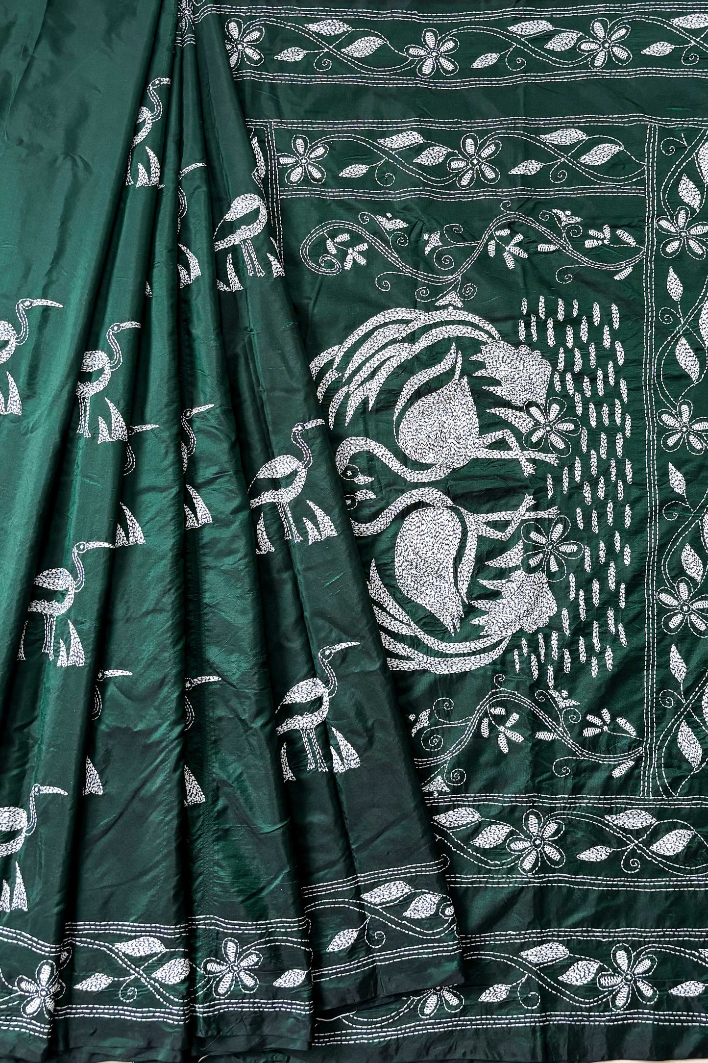 Bottle Green Silk Kantha Stitch Saree