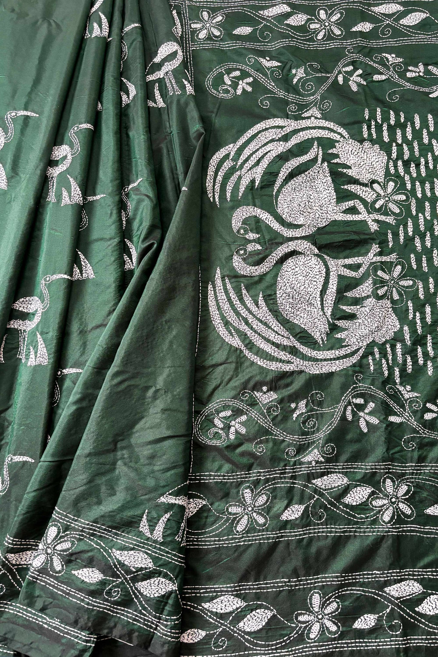Bottle Green Silk Kantha Stitch Saree