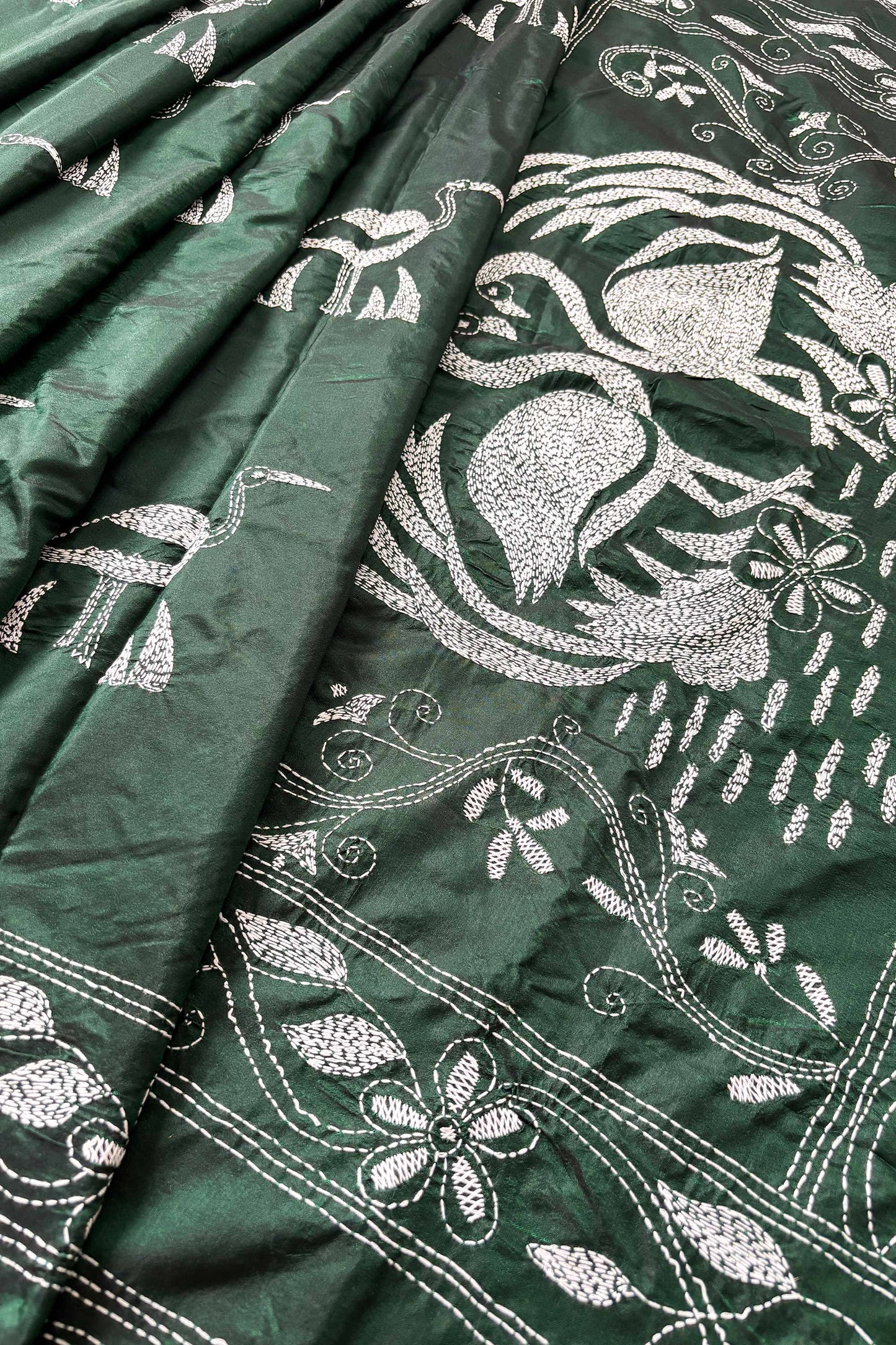 Bottle Green Silk Kantha Stitch Saree