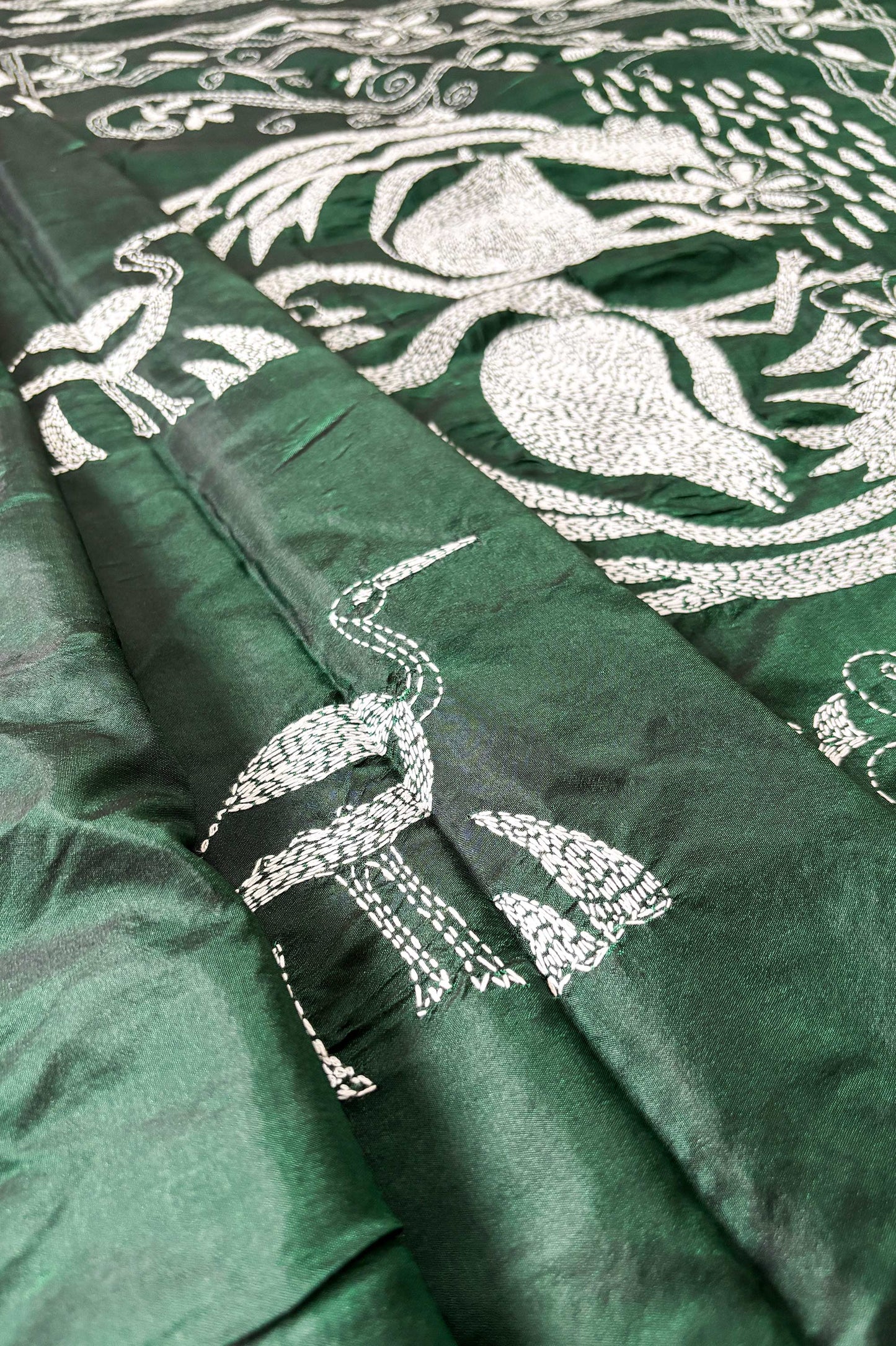 Bottle Green Silk Kantha Stitch Saree