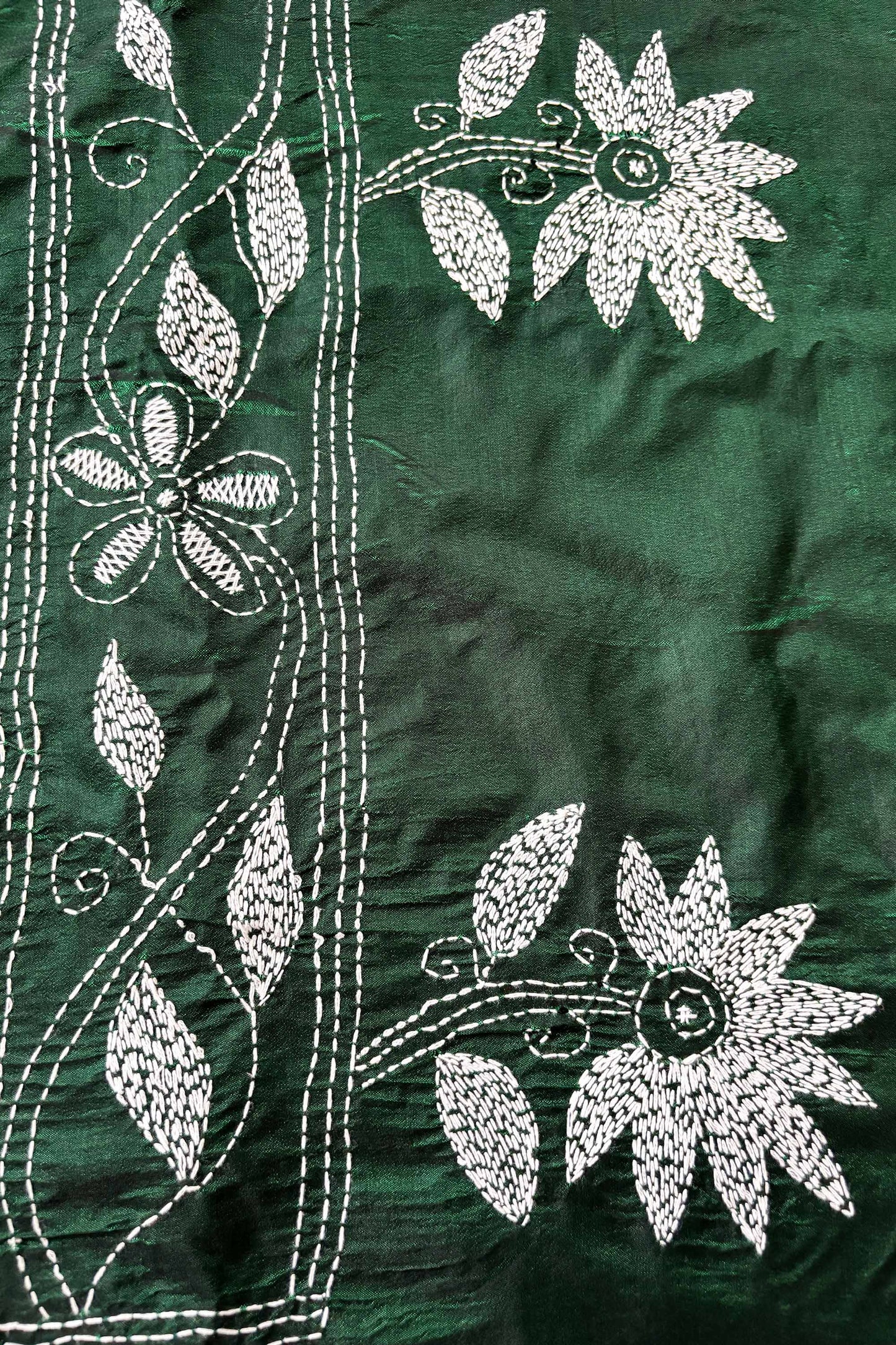 Bottle Green Silk Kantha Stitch Saree