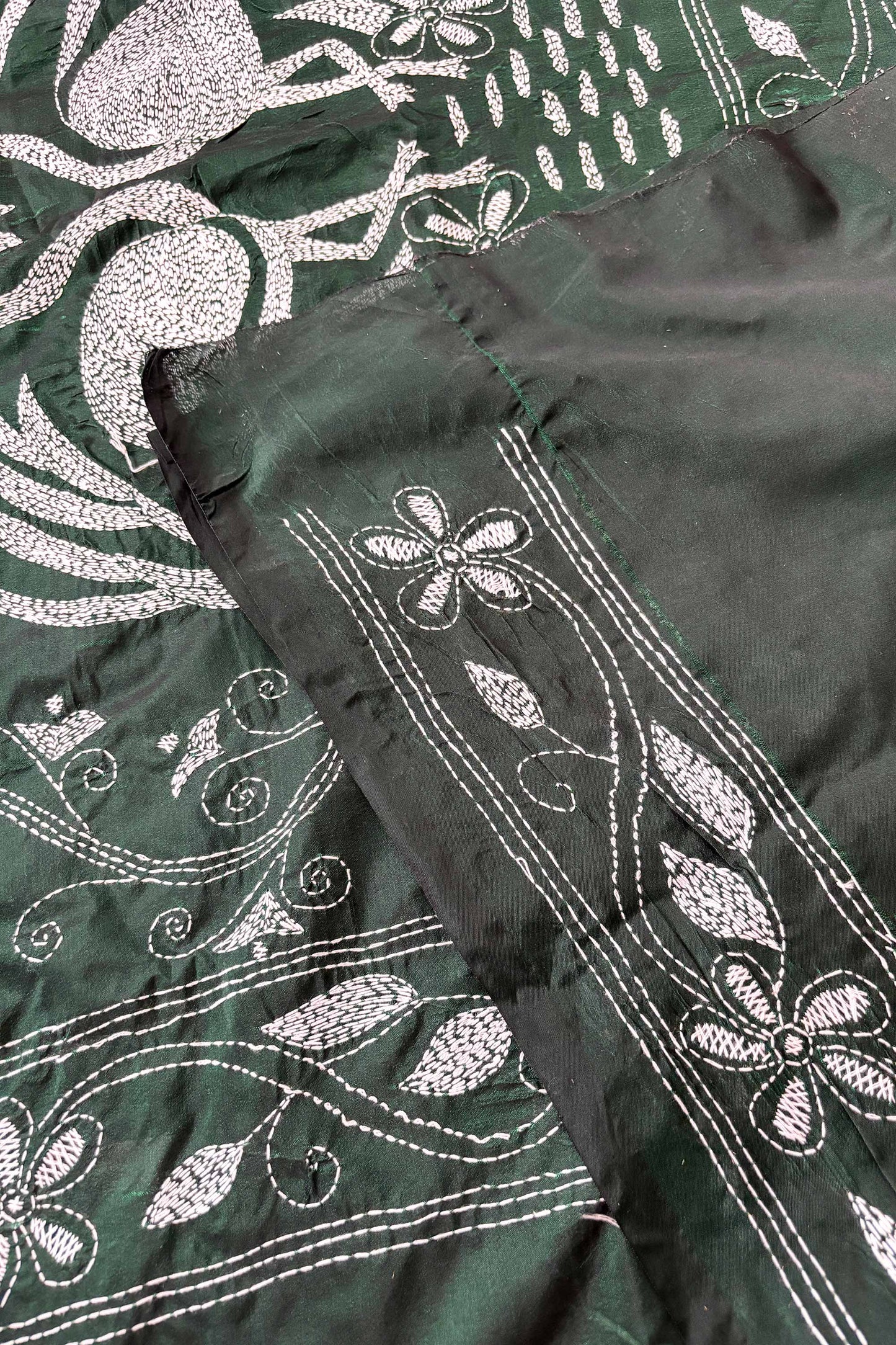 Bottle Green Silk Kantha Stitch Saree