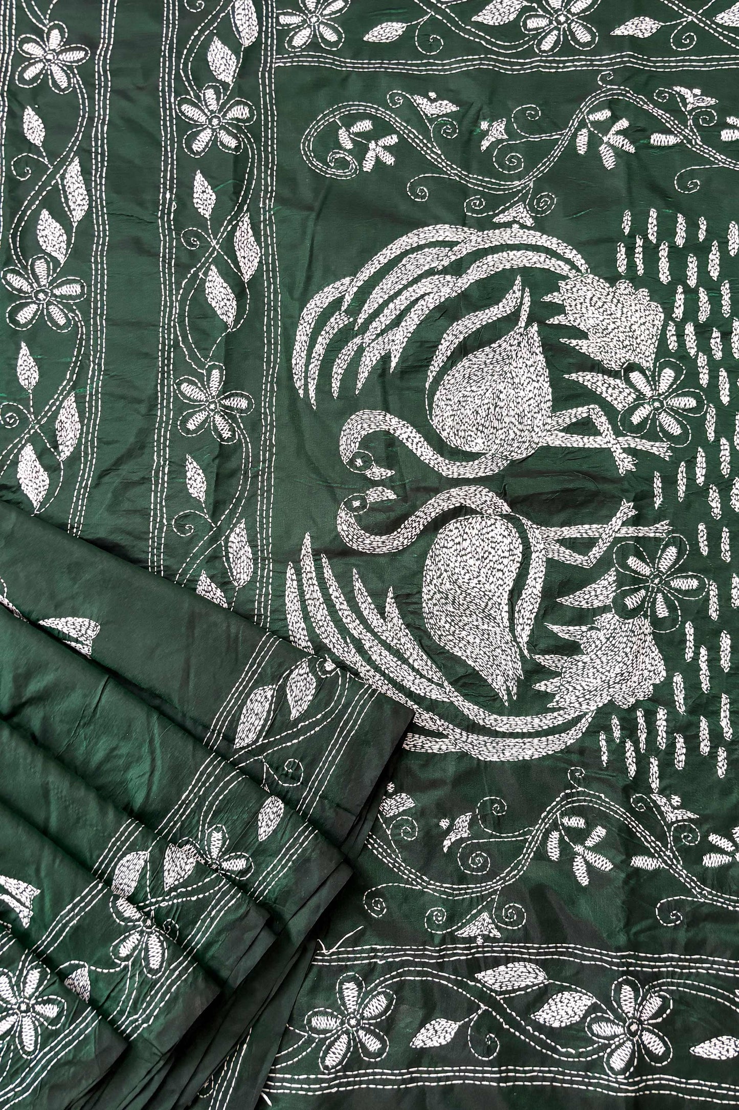 Bottle Green Silk Kantha Stitch Saree