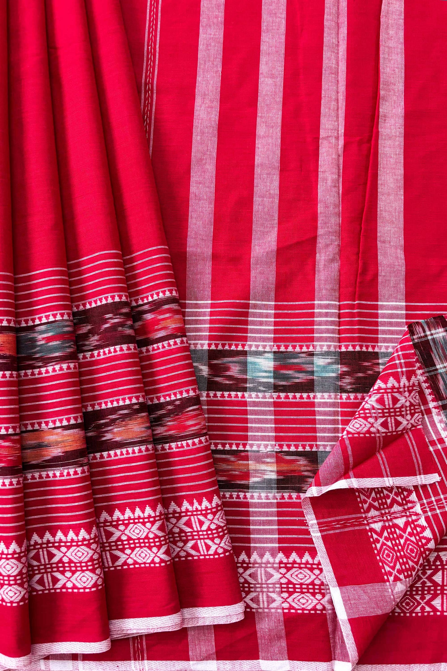 Red white Dhaniakhali Ikat Woven Fish Motifs Border Cotton Saree