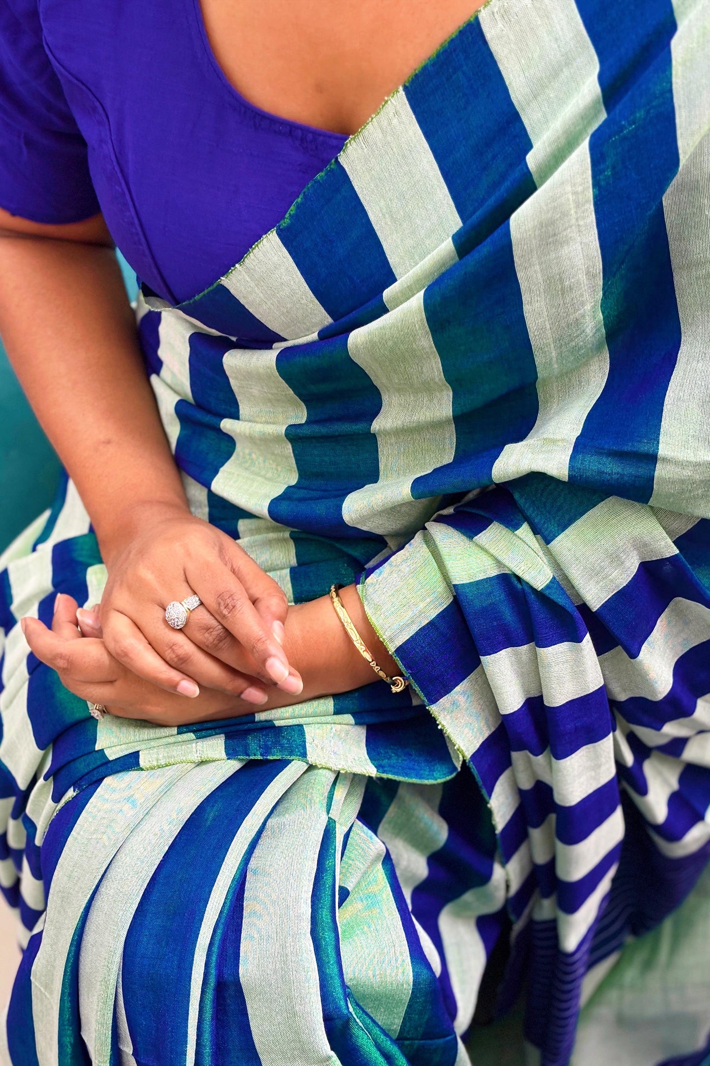Iridescent Blue-Aqua Green Stripes Cotton Tissue Saree