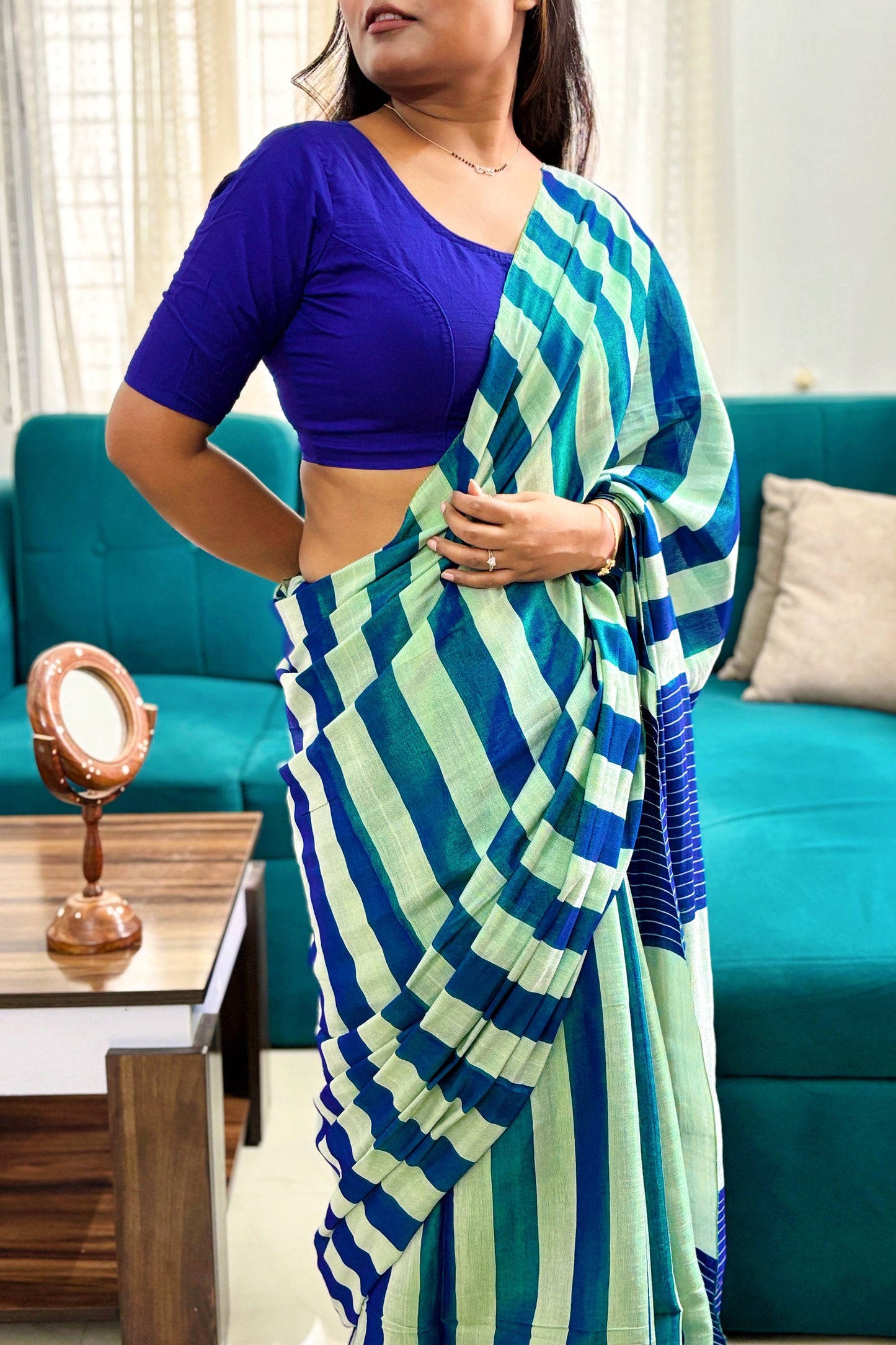 Iridescent Blue-Aqua Green Stripes Cotton Tissue Saree