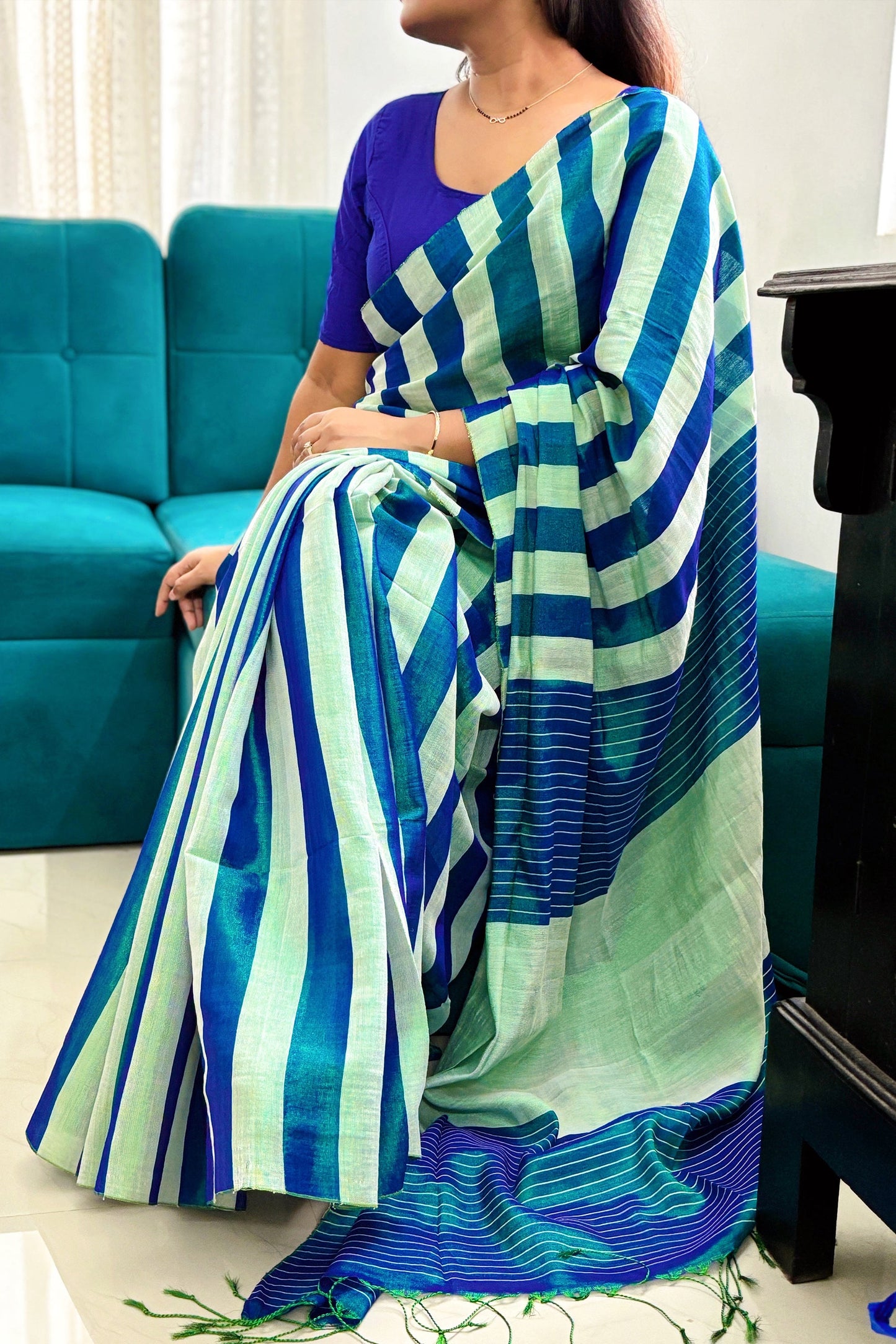 Iridescent Blue-Aqua Green Stripes Cotton Tissue Saree