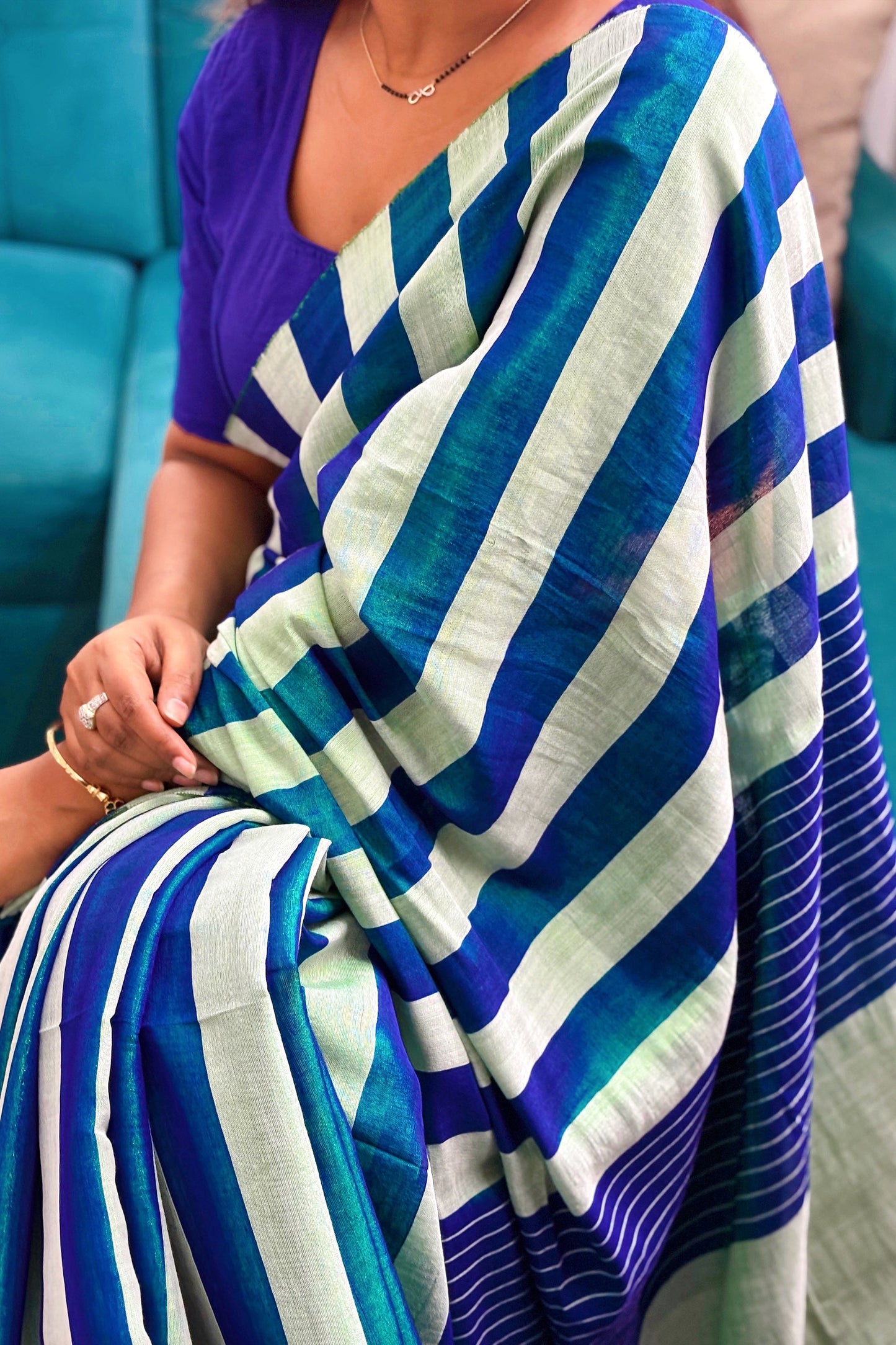 Iridescent Blue-Aqua Green Stripes Cotton Tissue Saree