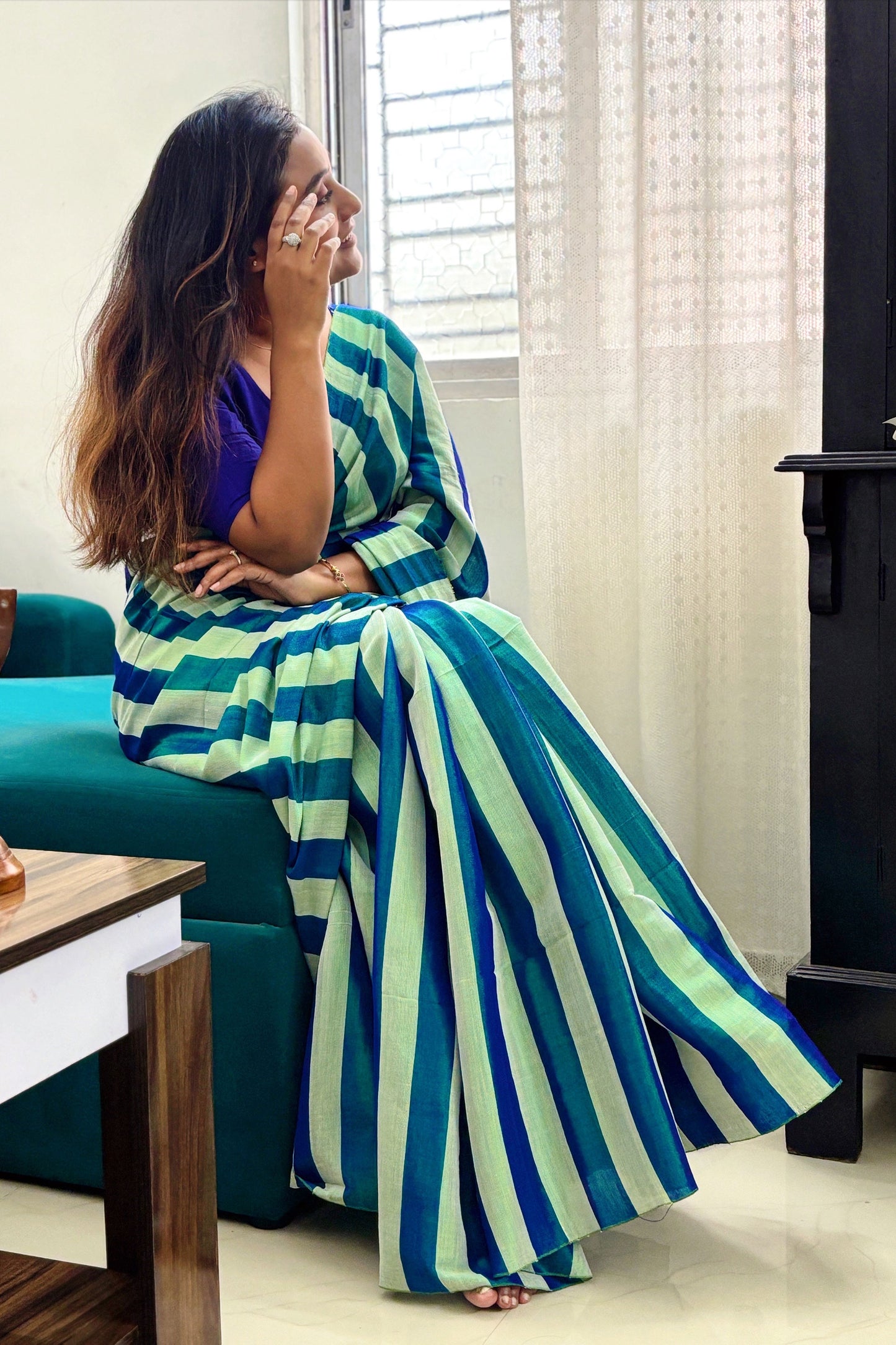 Iridescent Blue-Aqua Green Stripes Cotton Tissue Saree