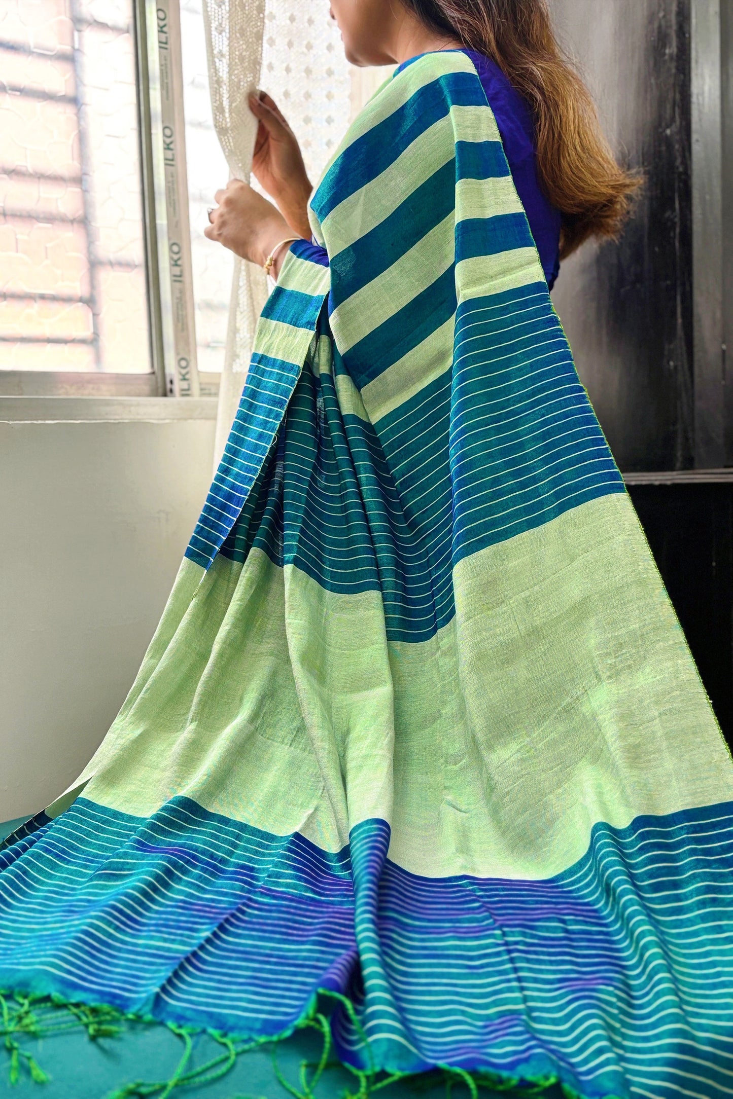 Iridescent Blue-Aqua Green Stripes Cotton Tissue Saree