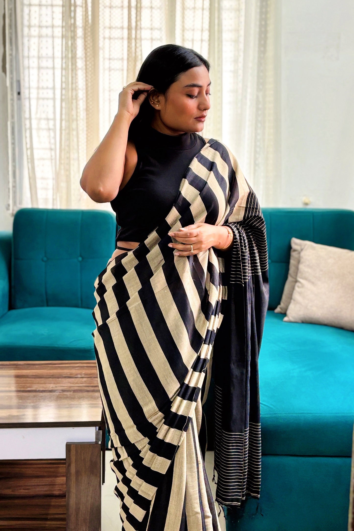 Black-Beige Stripes Cotton Tissue Saree