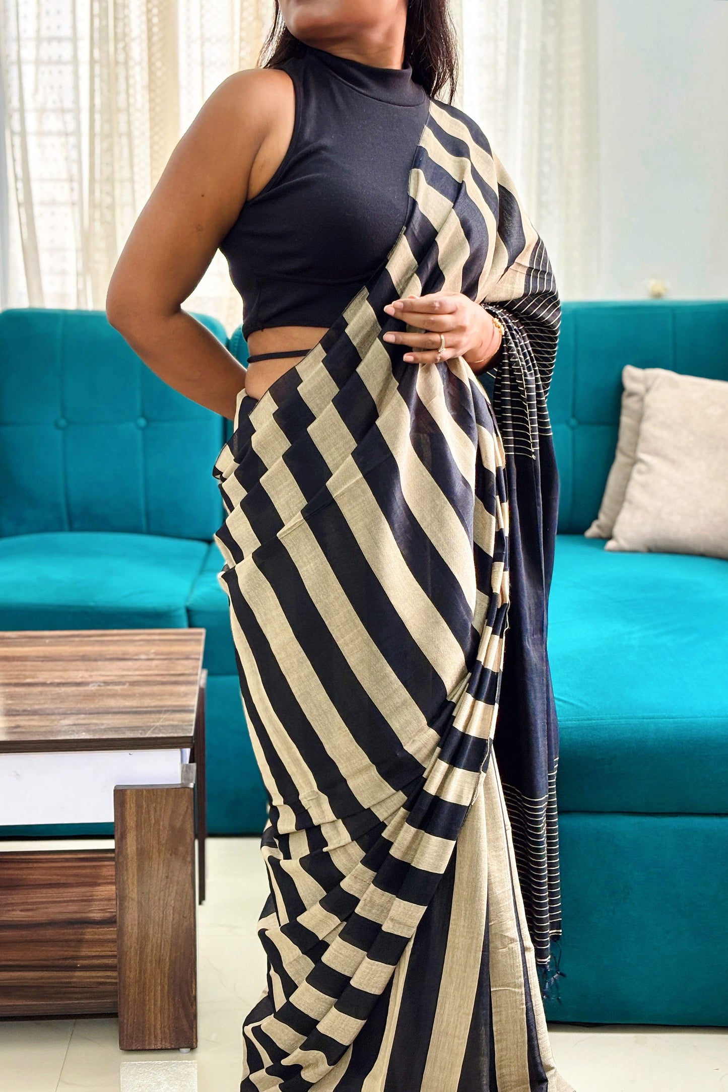Black-Beige Stripes Cotton Tissue Saree