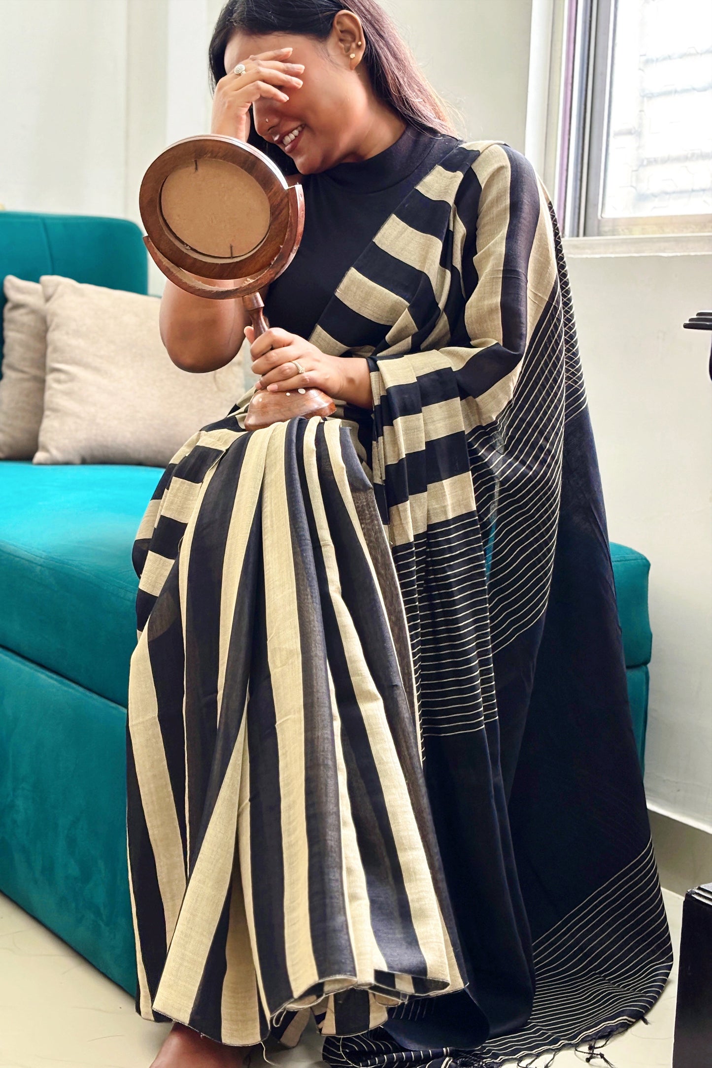 Black-Beige Stripes Cotton Tissue Saree