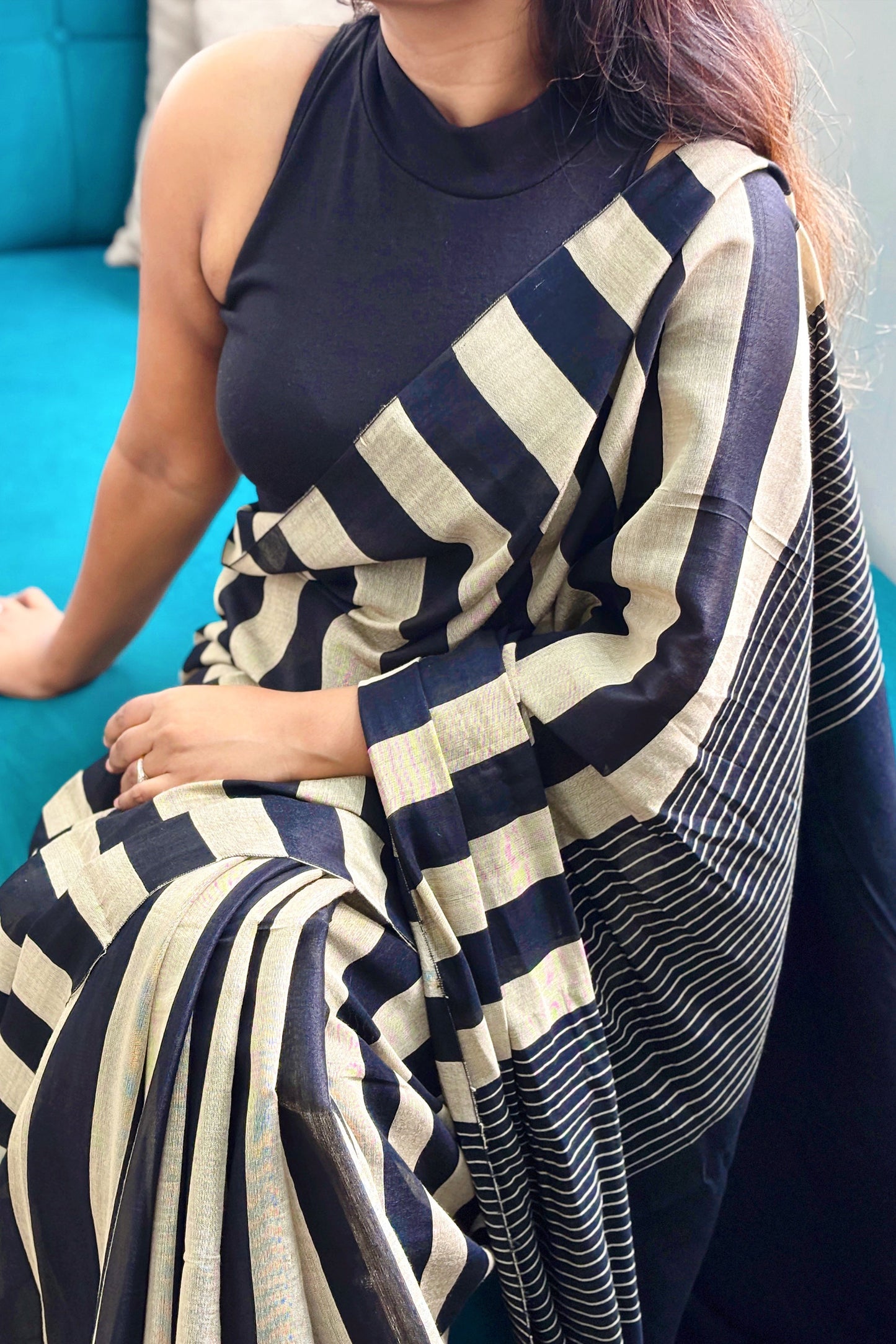 Black-Beige Stripes Cotton Tissue Saree